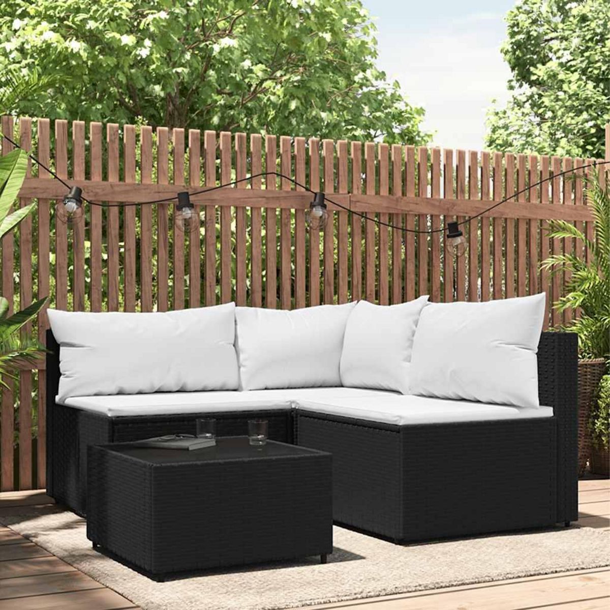 VIDAXL Salon de jardin 4 pcs avec coussins Noir Resine tressee