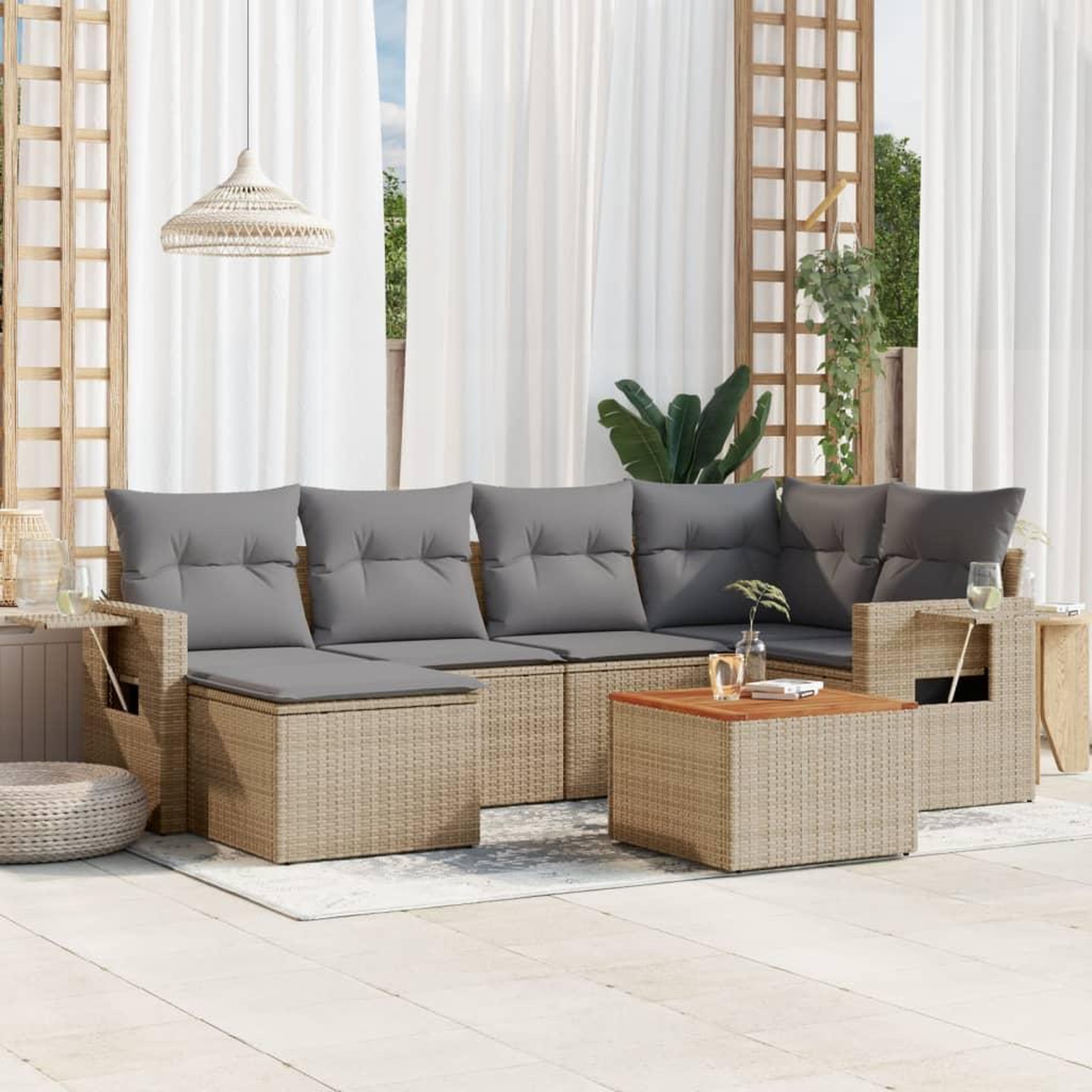 VIDAXL Salon de jardin avec coussins 7pcs melange beige resine tressee