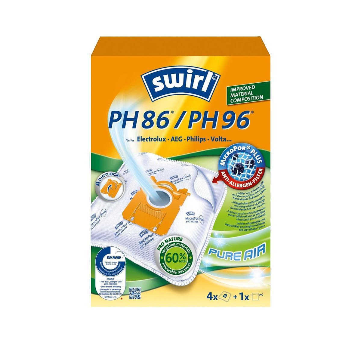 spiralé Sacs pour aspirateur Swirl PH86/PH96 avec filtre anti-allergène MicroPor Plus