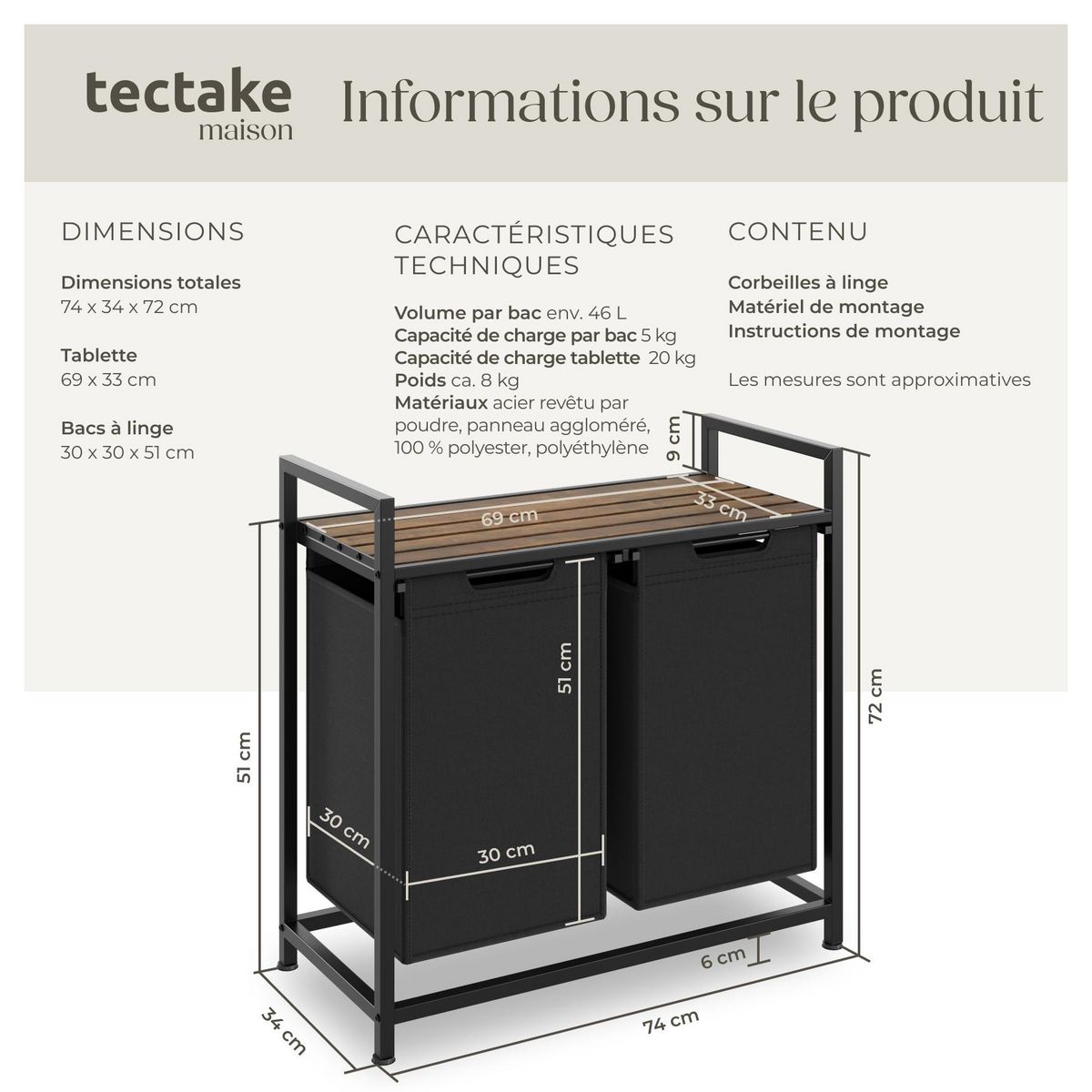 tectake Panier à linge style industriel avec 2 ou 3 compartiments extensibles noir/marron 34 x 74 x 72 cm