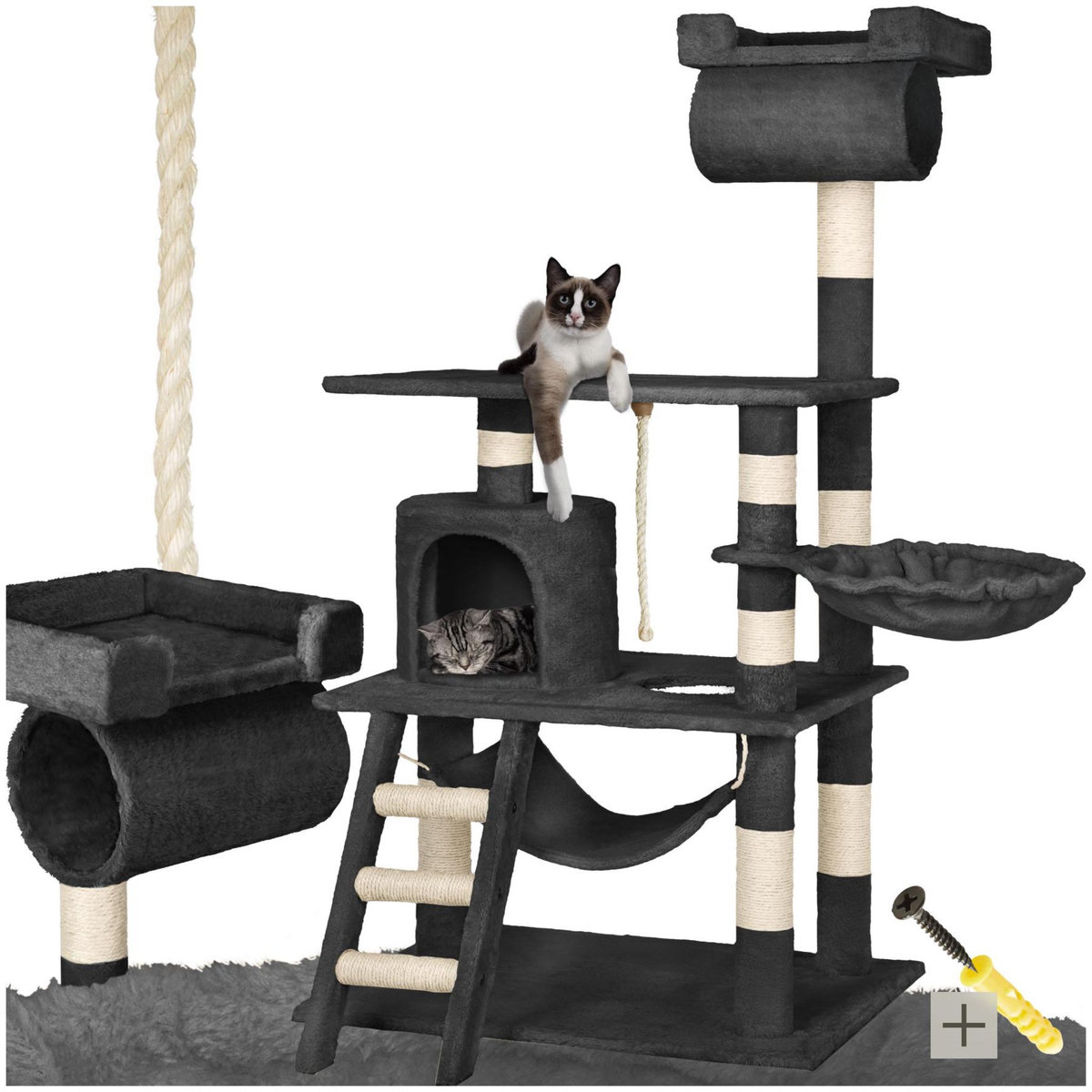 tectake Arbre à chat 141 cm avec griffoir et plateforme d'escalade noir