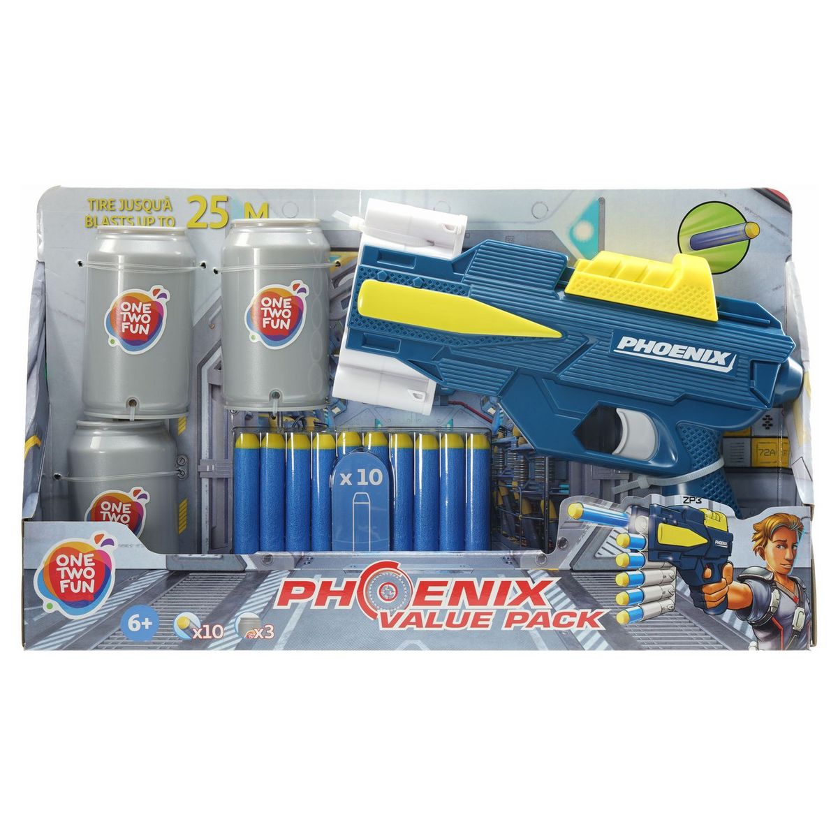 One Two Fun Pack Pistolet Phenix + 3 canettes + 10 fléchettes