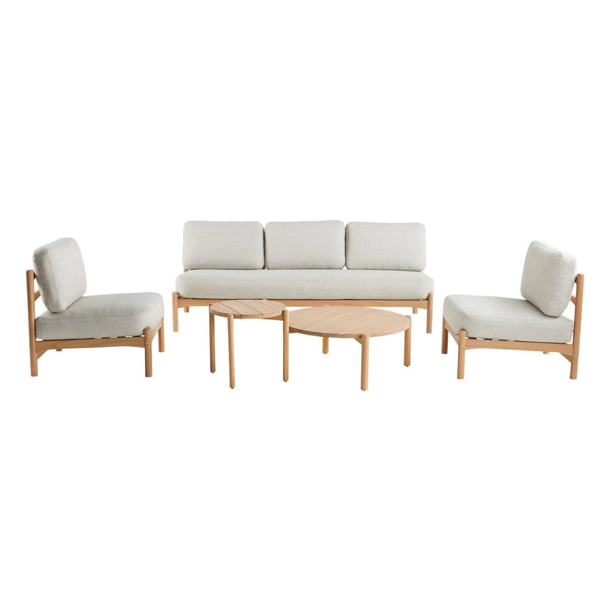 SWEEEK Salon de jardin COPACABANA 5 places en bois d'acacia. housse beige en lin. un banc. deux fauteuils. deux tables