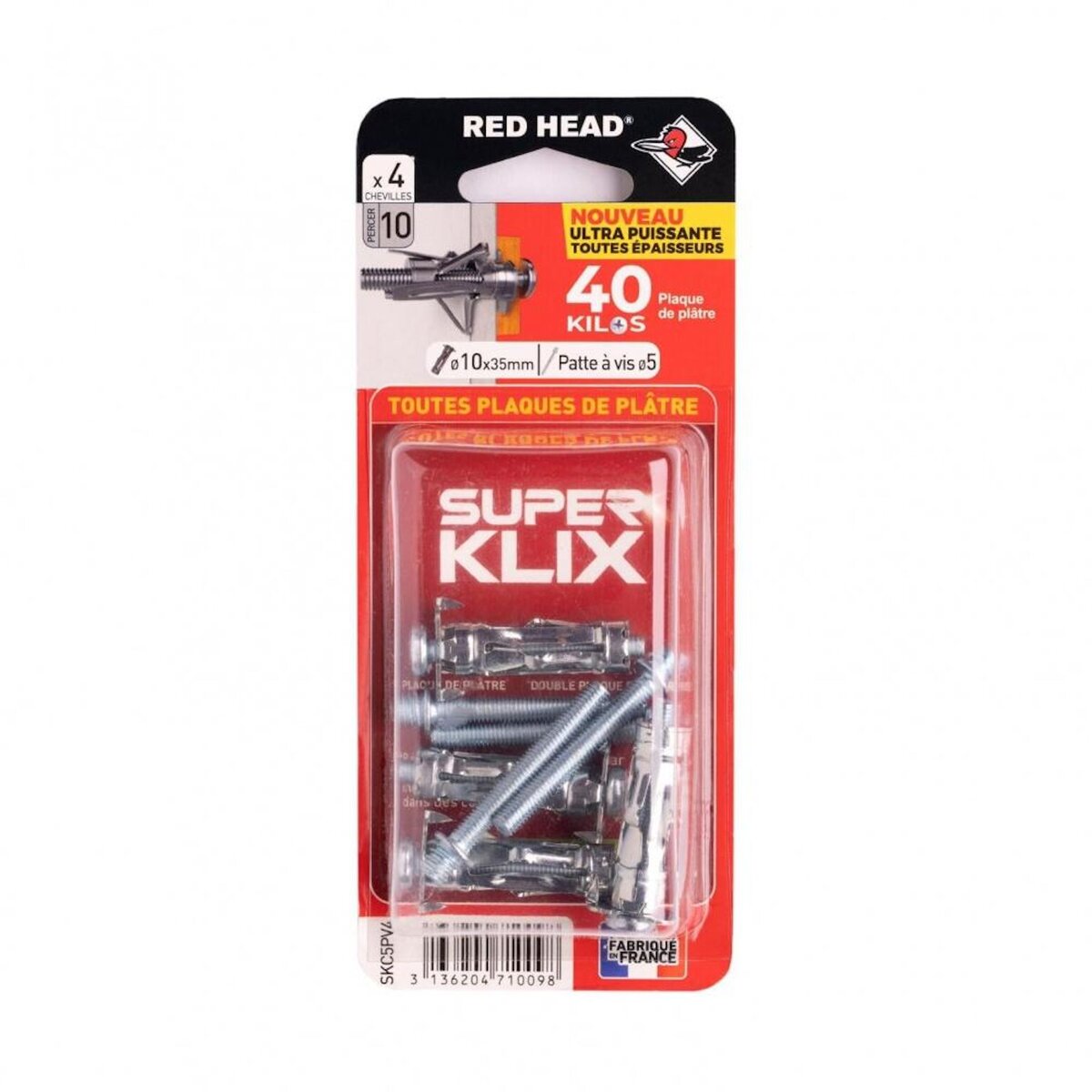 RED HEAD Lot de 4 chevilles Diam.10 x L.35 mm et patte à vis RED HEAD, Diam.5mm