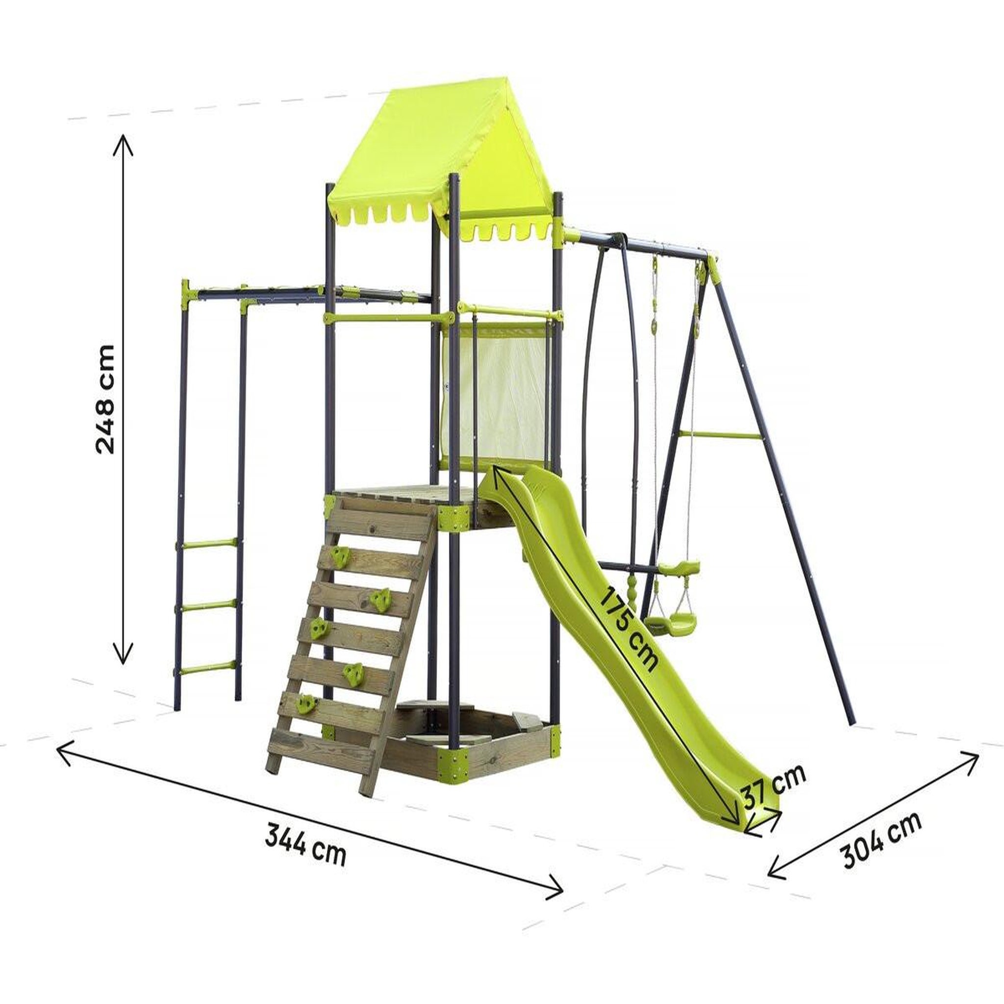Voir la diapositive 3 : Habitat et Jardin Aire de jeu portique en métal avec toboggan et bac a sable  lucien  - vert
