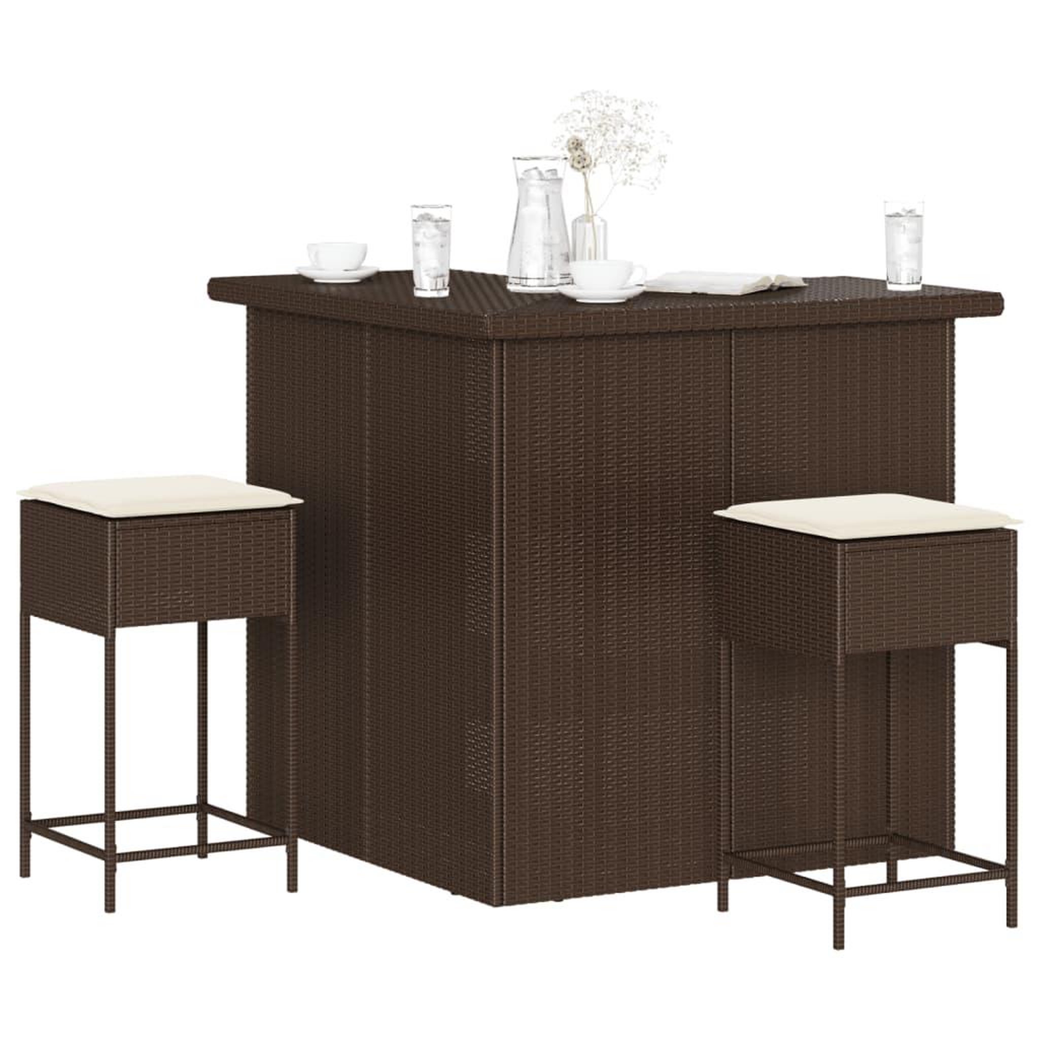 VIDAXL Ensemble de bar de jardin 3 pcs et coussins brun resine tressee