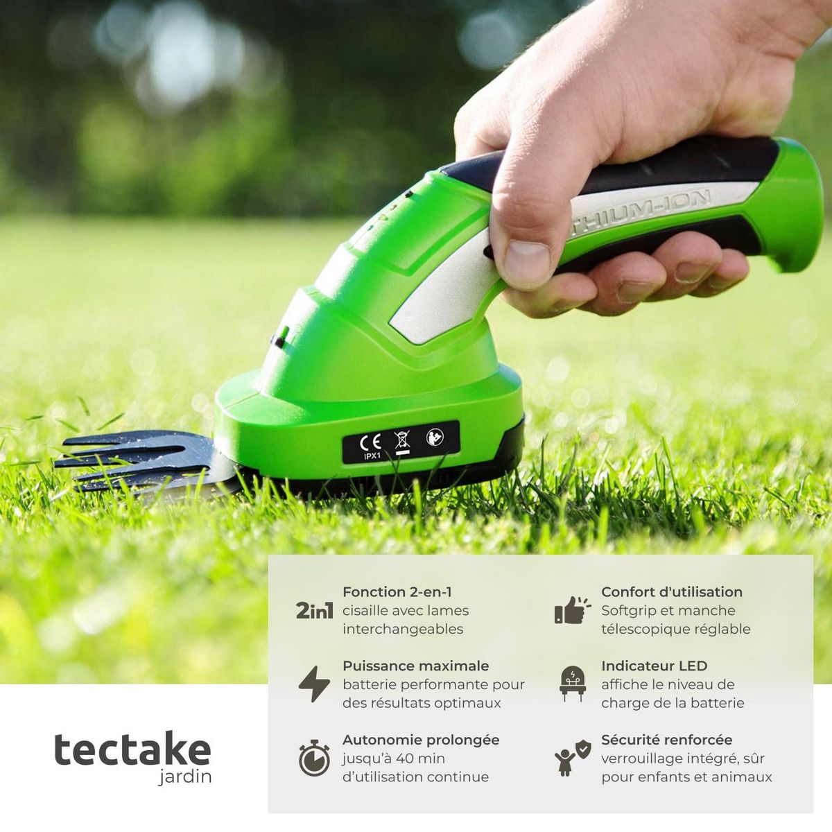 tectake Taille haie électrique 2-en-1 7,2 V avec 2 accessoires vert