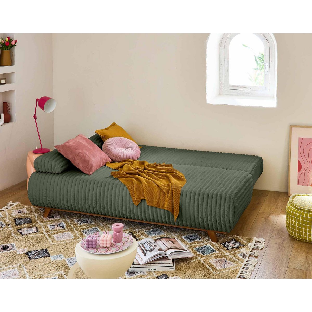 BEST MOBILIER Cristal - canapé 3 places - convertible avec coffre et grand pouf - en fausse fourrure côtelée