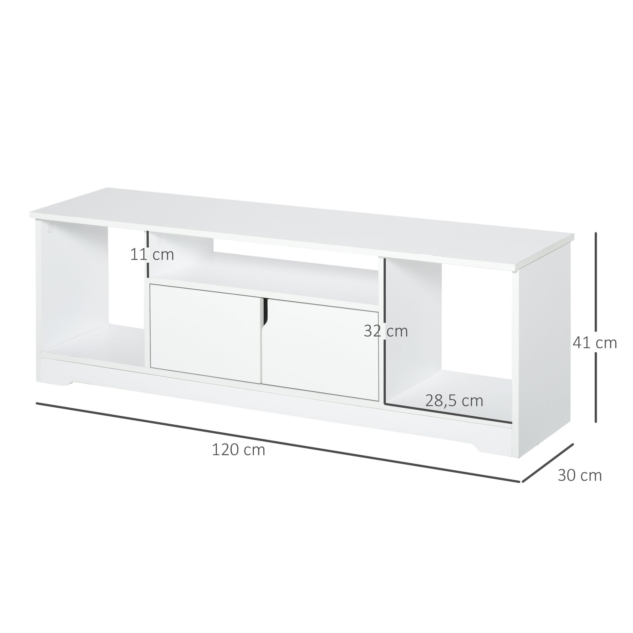 Voir la diapositive 3 : HOMCOM Meuble TV banc TV design contemporain - 3 niches, placard double porte - dim. 120L x 30l x 41H cm - panneaux particules blanc