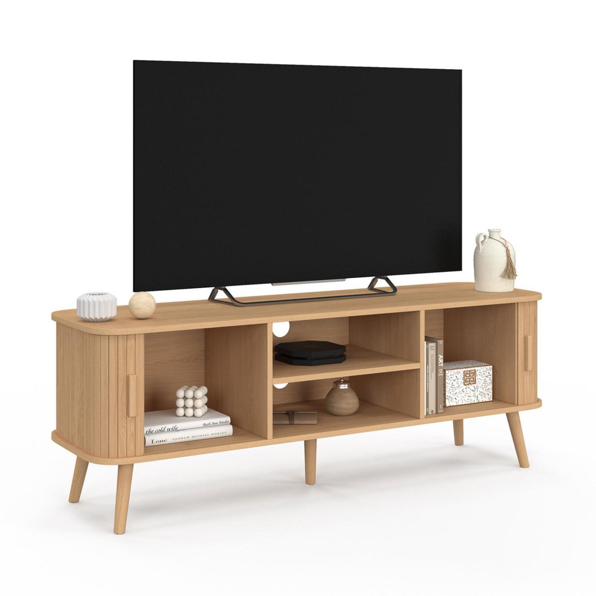 ID MARKET Meuble TV 140 cm ROMIE 2 portes coulissantes lattes tasseau bois coloris chêne