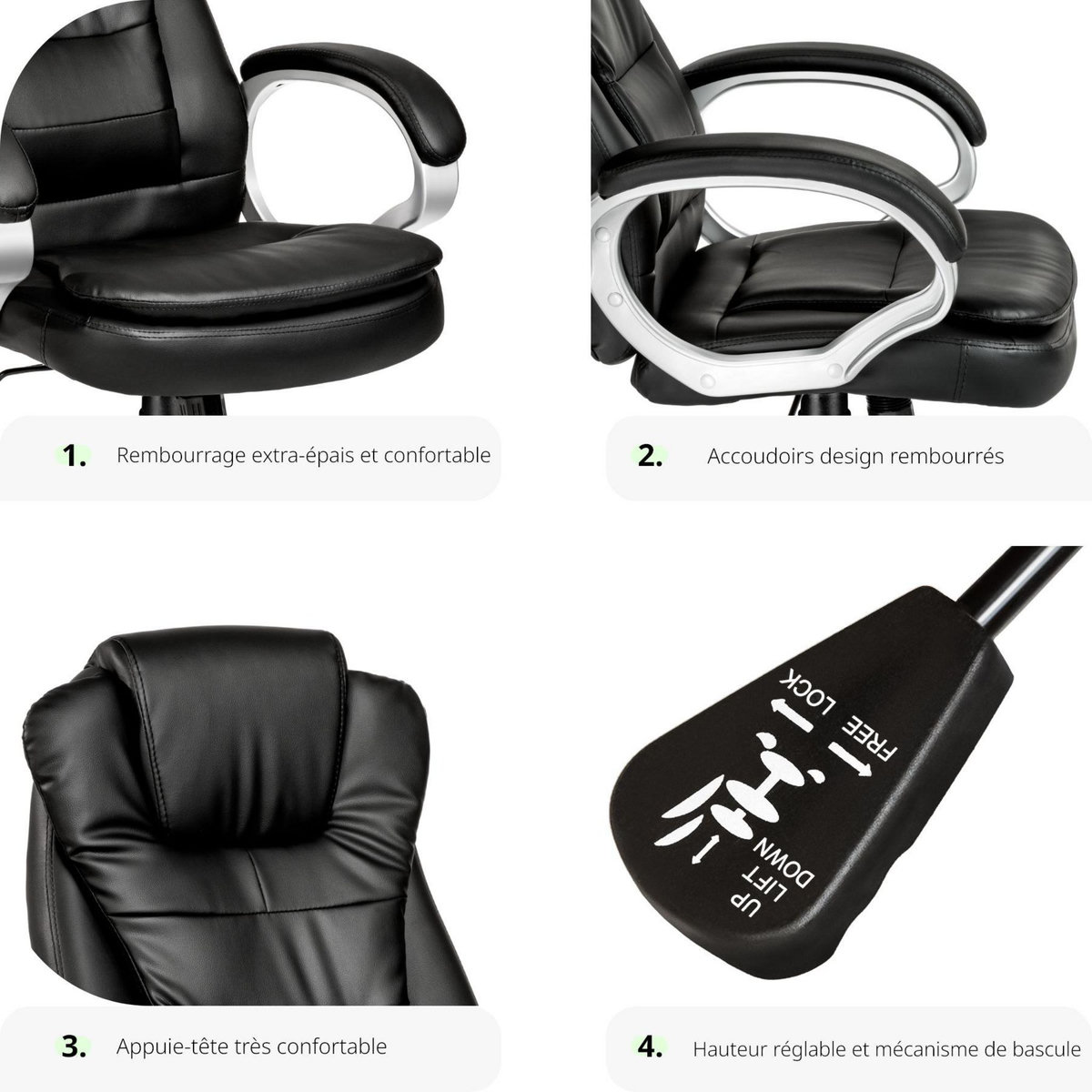 tectake Fauteuil de bureau rotatif à 360° et réglable en hauteur noir