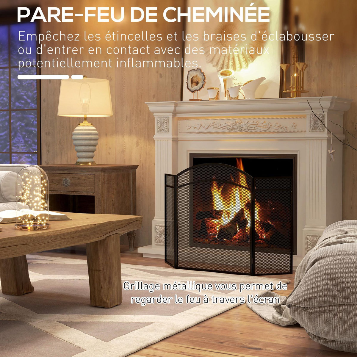 HOMCOM Pare-feu cheminée pliable 3 panneaux métal maille losange noir