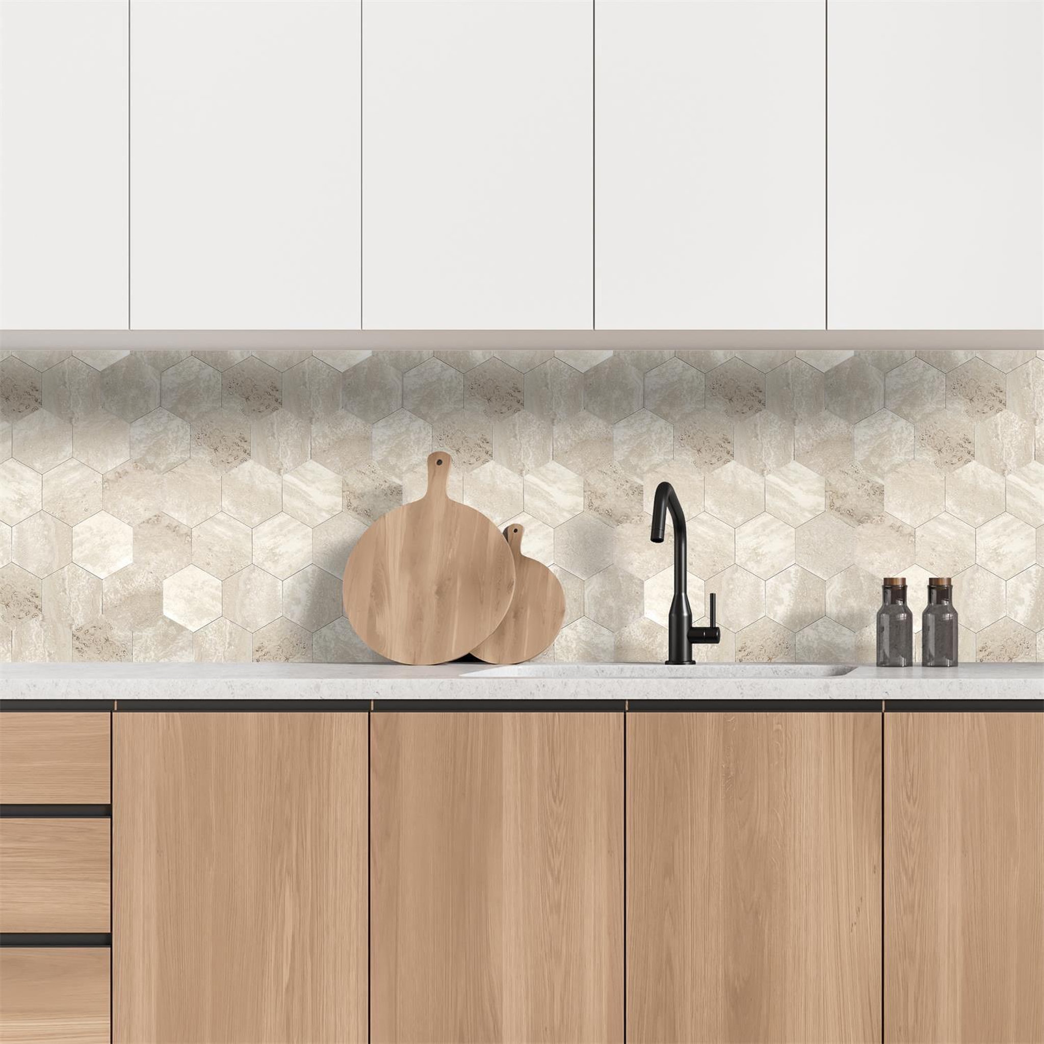 Voir la diapositive 2 : The Home Deco Factory Crédence adhésive hexagonale effet travertin - 32,6 x 27,4 cm - beige