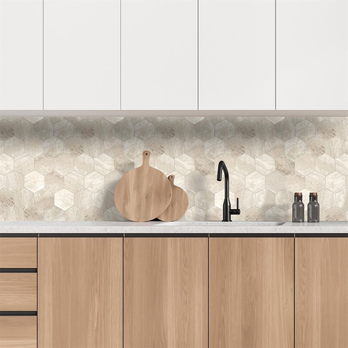 The Home Deco Factory Crédence adhésive hexagonale effet Travertin - 32,6 x 27,4 cm - Beige