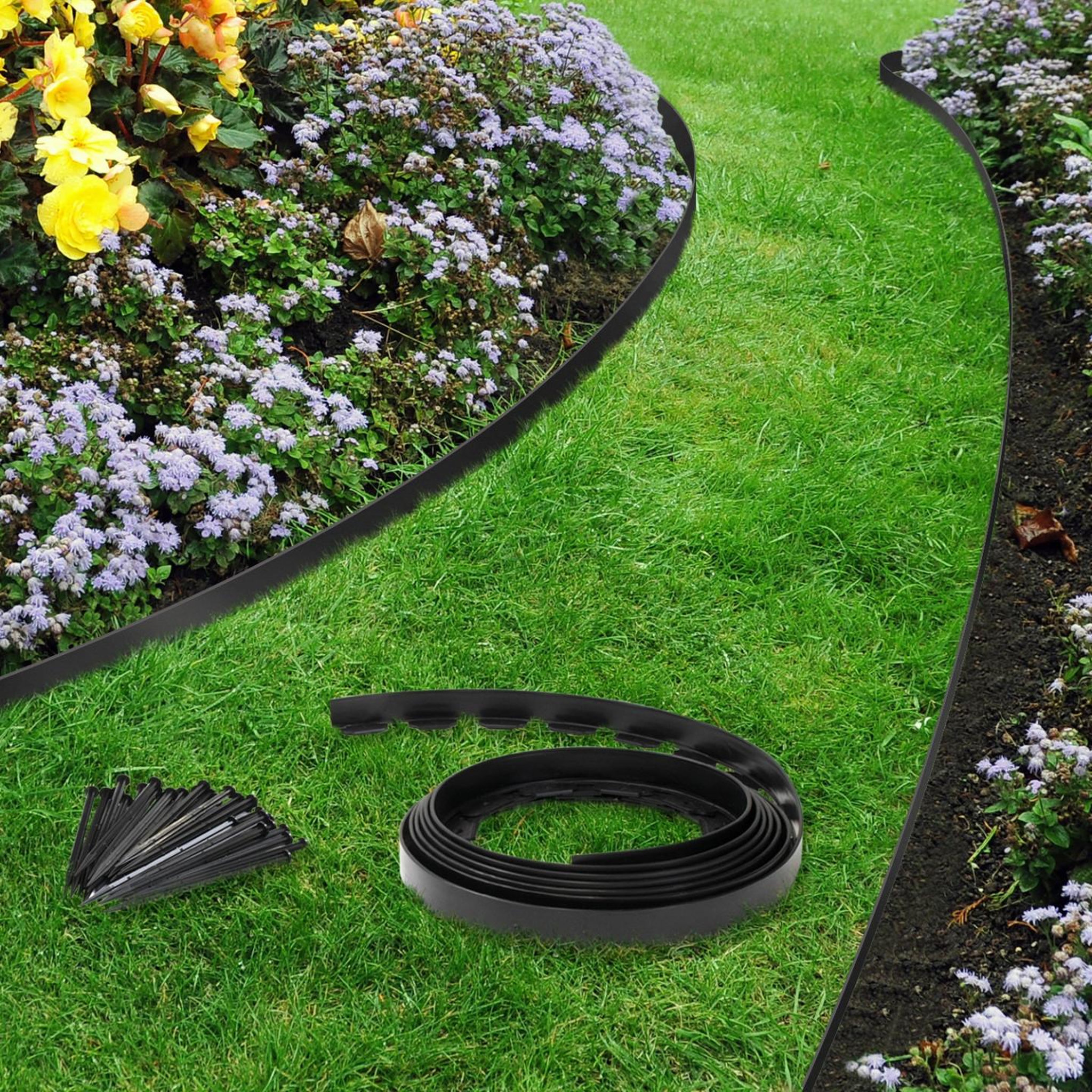 Voir la diapositive 4 : ID MARKET Bordurette de jardin flexible 10 m noire hauteur 5 cm + 30 piquets