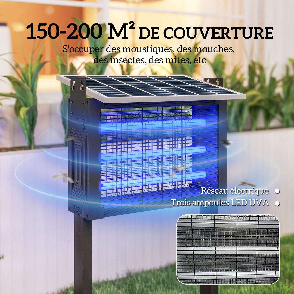 OUTSUNNY Lampe anti-moustique 25W LED solaire autoportante H. 93 cm - lampe anti-insectes - lampe UV piège à insectes - noir