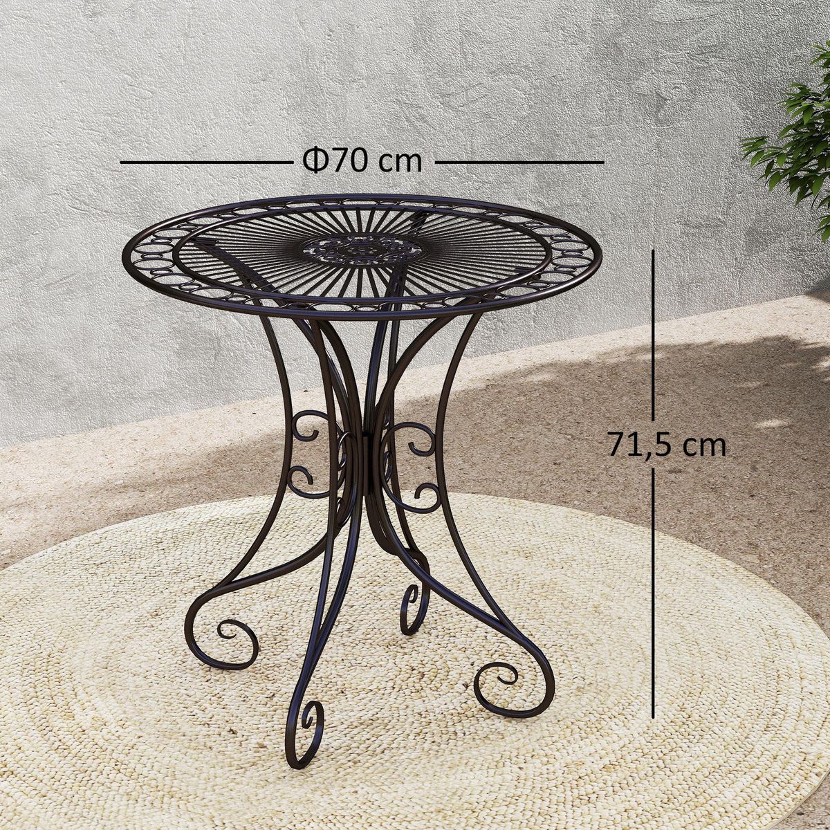 OUTSUNNY Table de jardin ronde 2 places style fer forgé dia. 85 cm métal brun