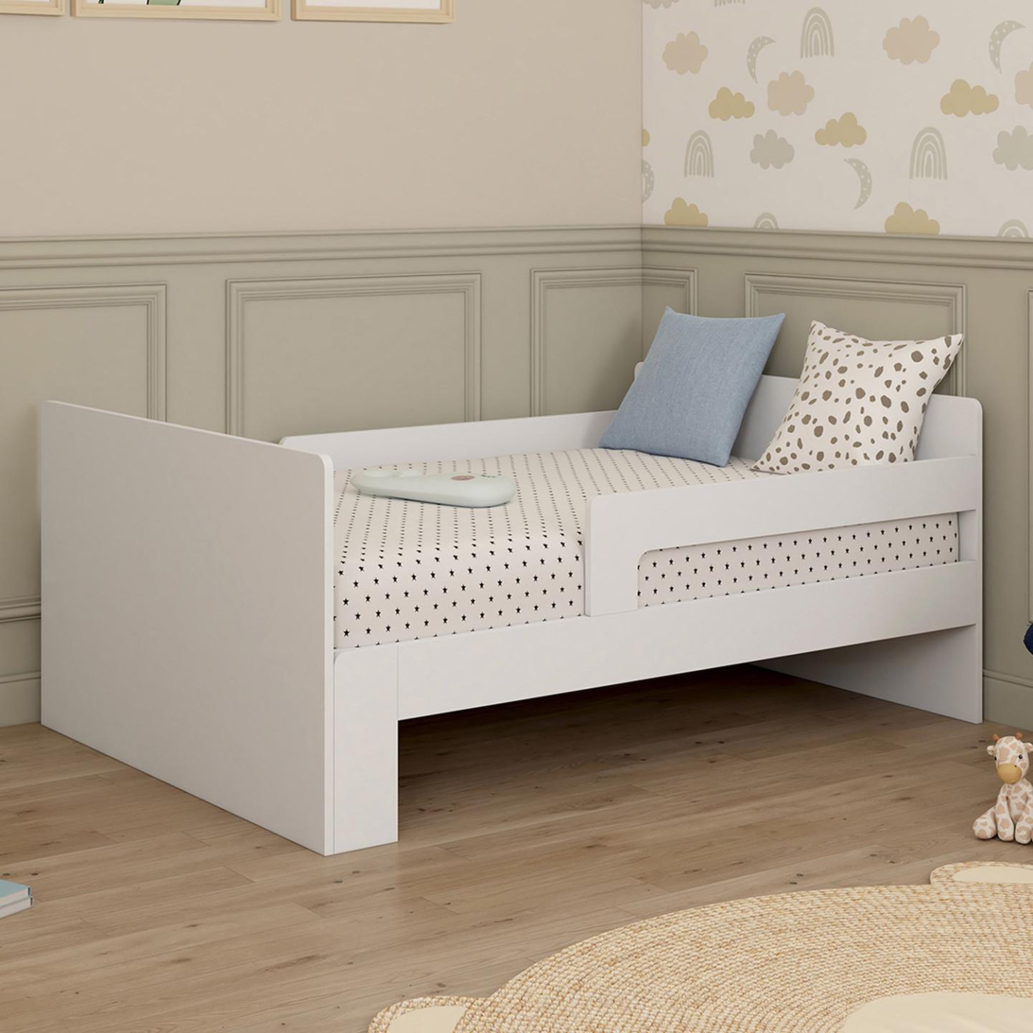 Voir la diapositive 2 : ID MARKET Lit simple évolutif GASPARD 90 x 140/190 cm avec sommier et barrières bois blanc
