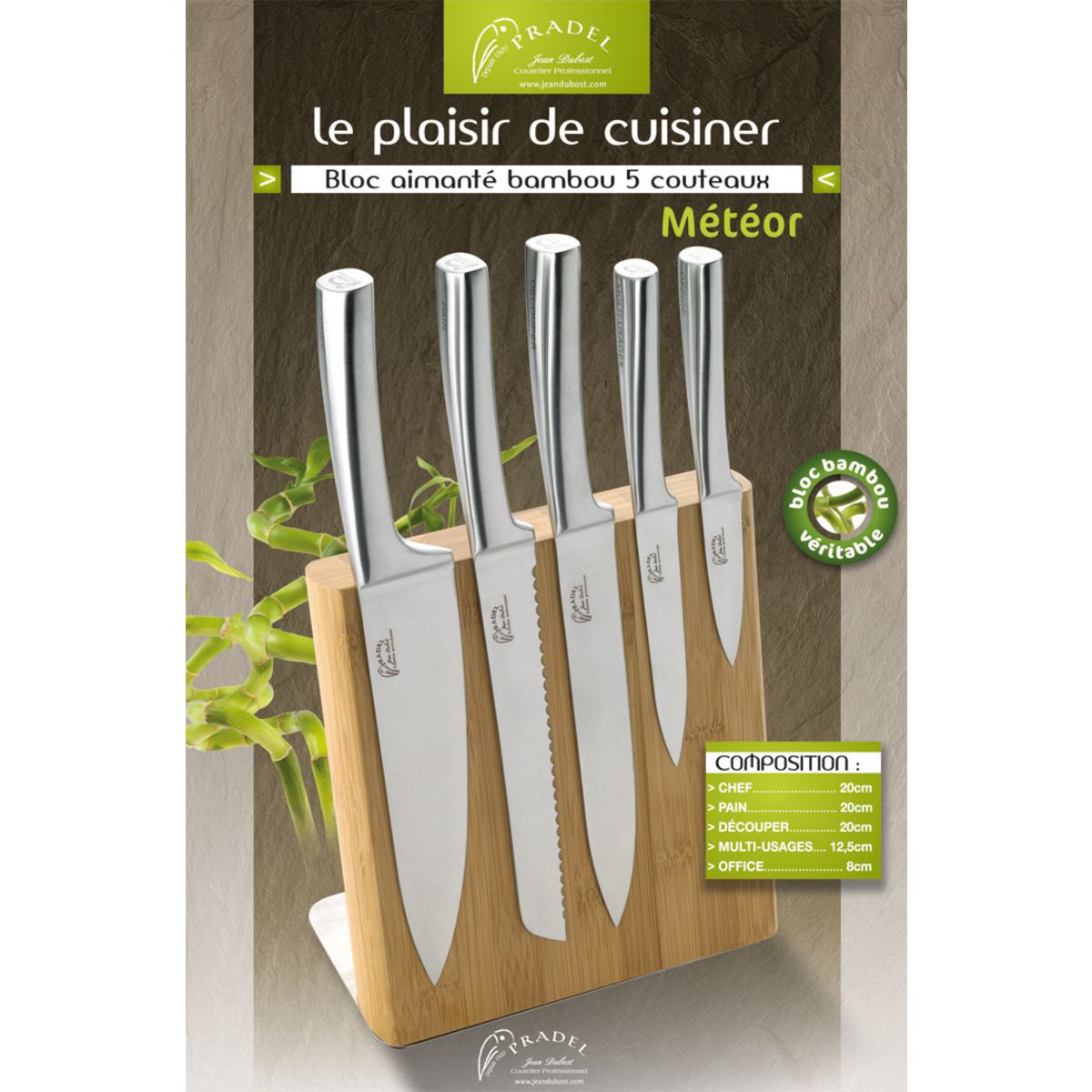 PRADEL Bloc aimanté 5 couteaux avec support METEOR