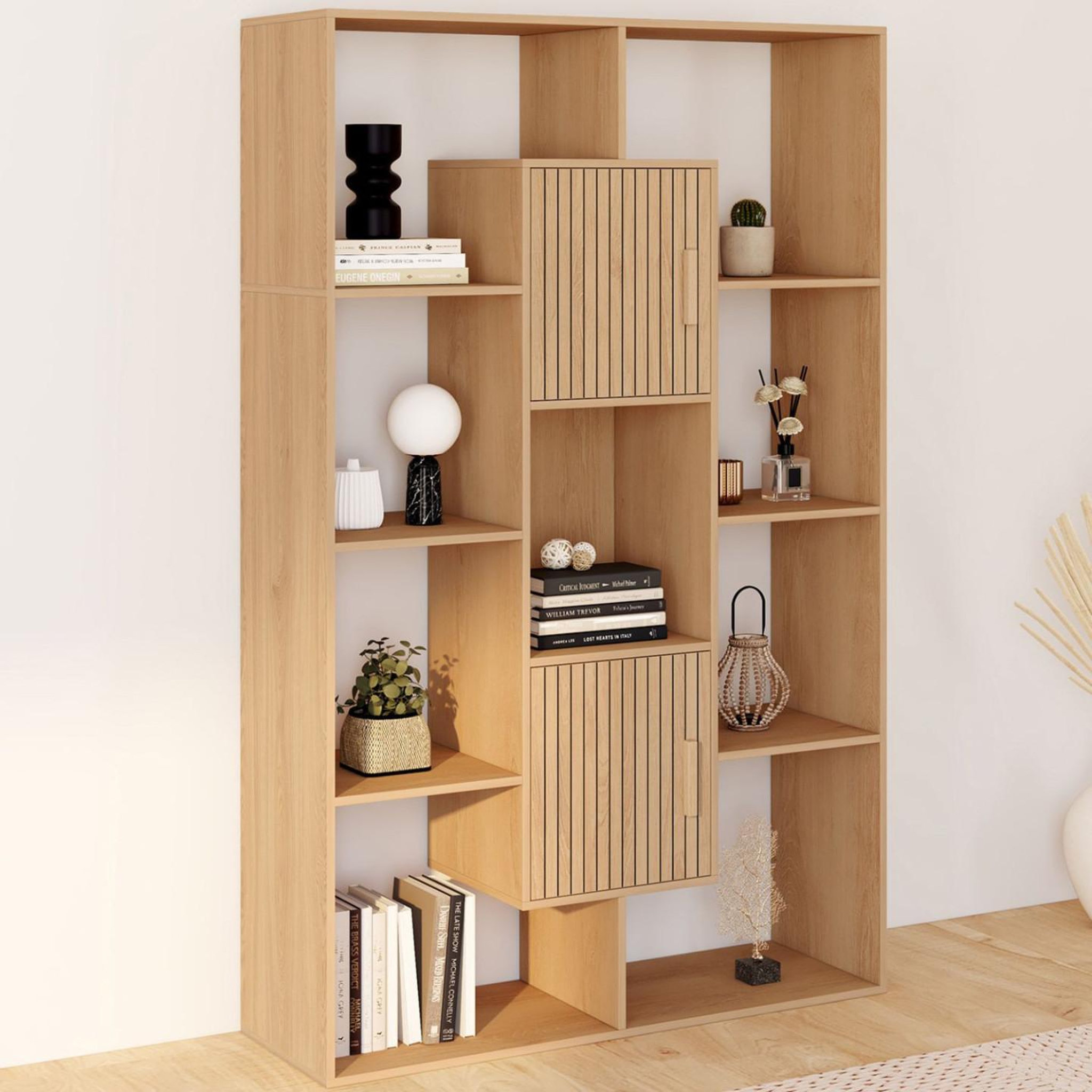 Voir la diapositive 2 : ID MARKET Etagère bibliothèque colette avec 11 compartiments et 2 cases juliette effet lattes 143 cm