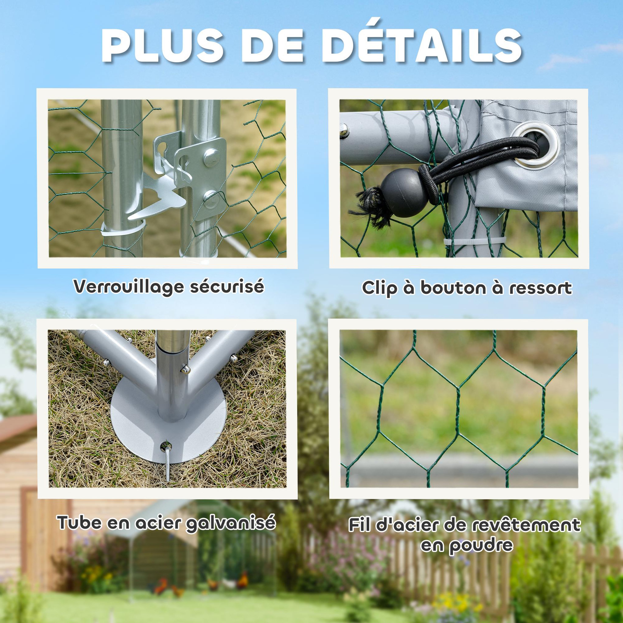 Voir la diapositive 5 : PAWHUT Enclos poulailler chenil 10,2 m² - parc grillagé dim. 3L x 3,4l x 1,9H m - espace couvert - acier galvanisé