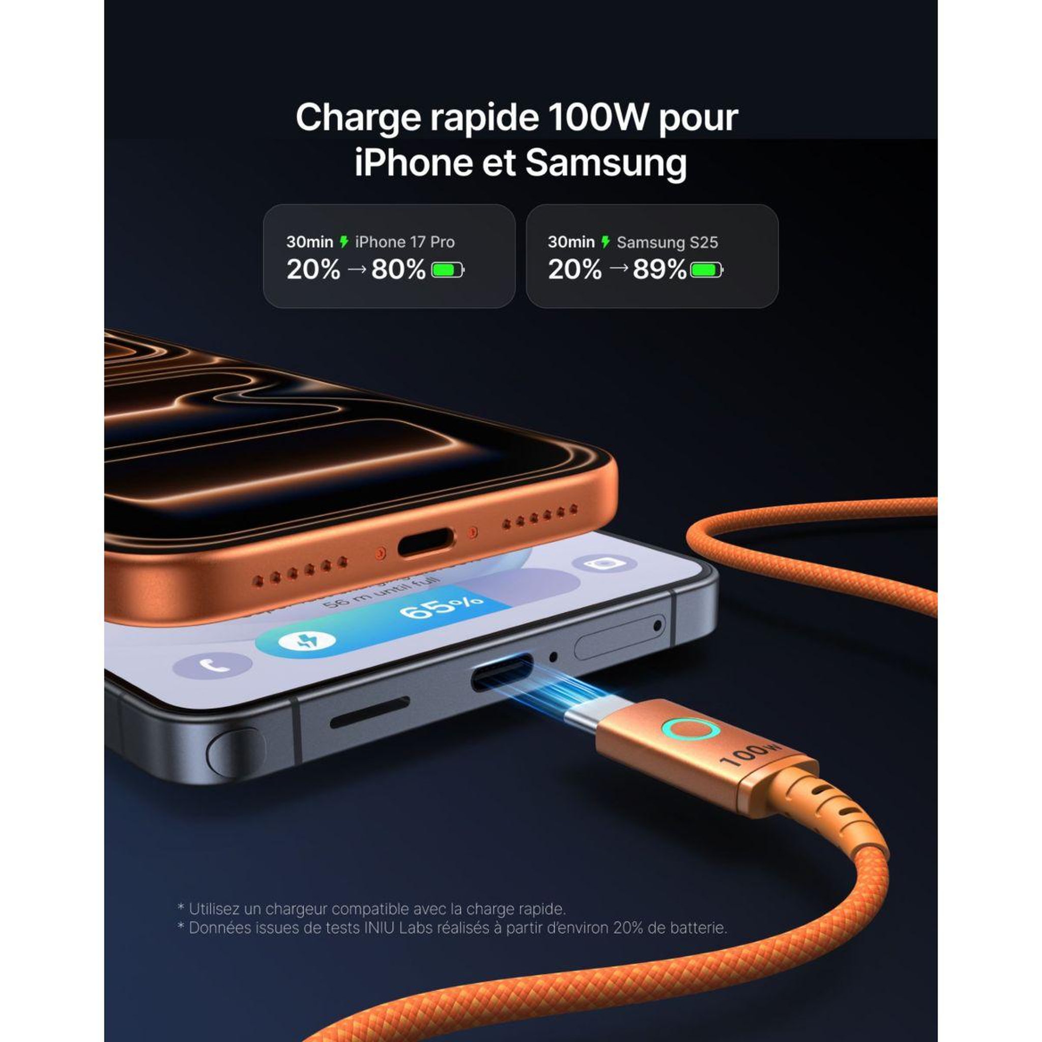 Voir la diapositive 5 : INIU Câble usb c 100w usb-c/usb-c 2m leopard orange
