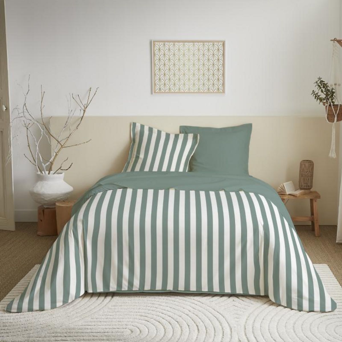 COTON PUR Parure de draps 4 pièces pour lit 160 x 200 cm  Grande largeur  Anatole sauge