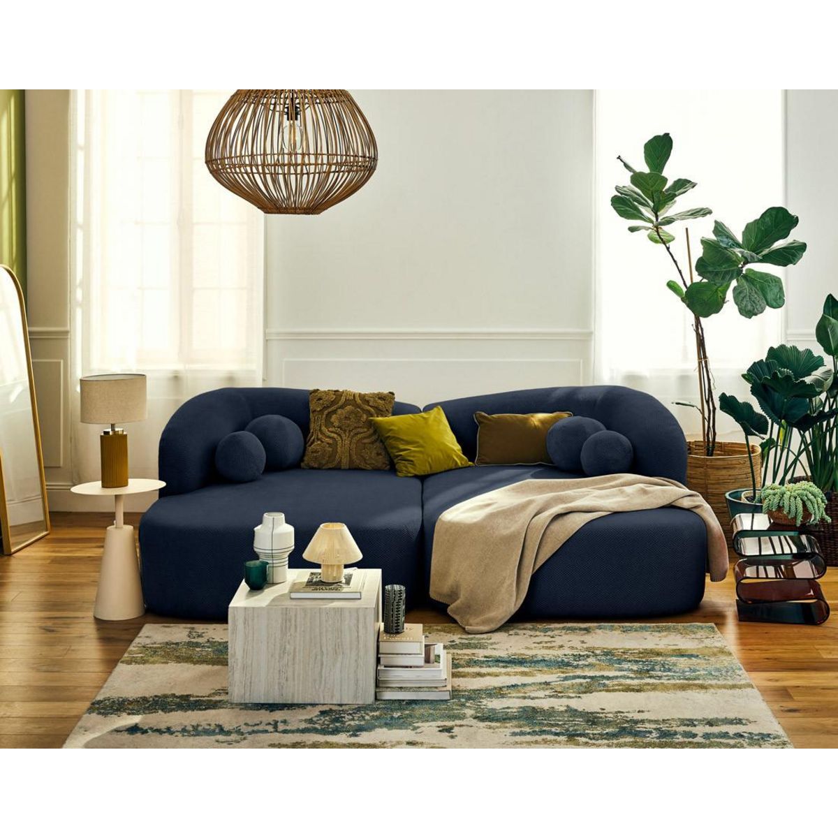 LISA DESIGN Charles - canapé droit 4 places avec double méridienne - assise profonde - en velours texturé