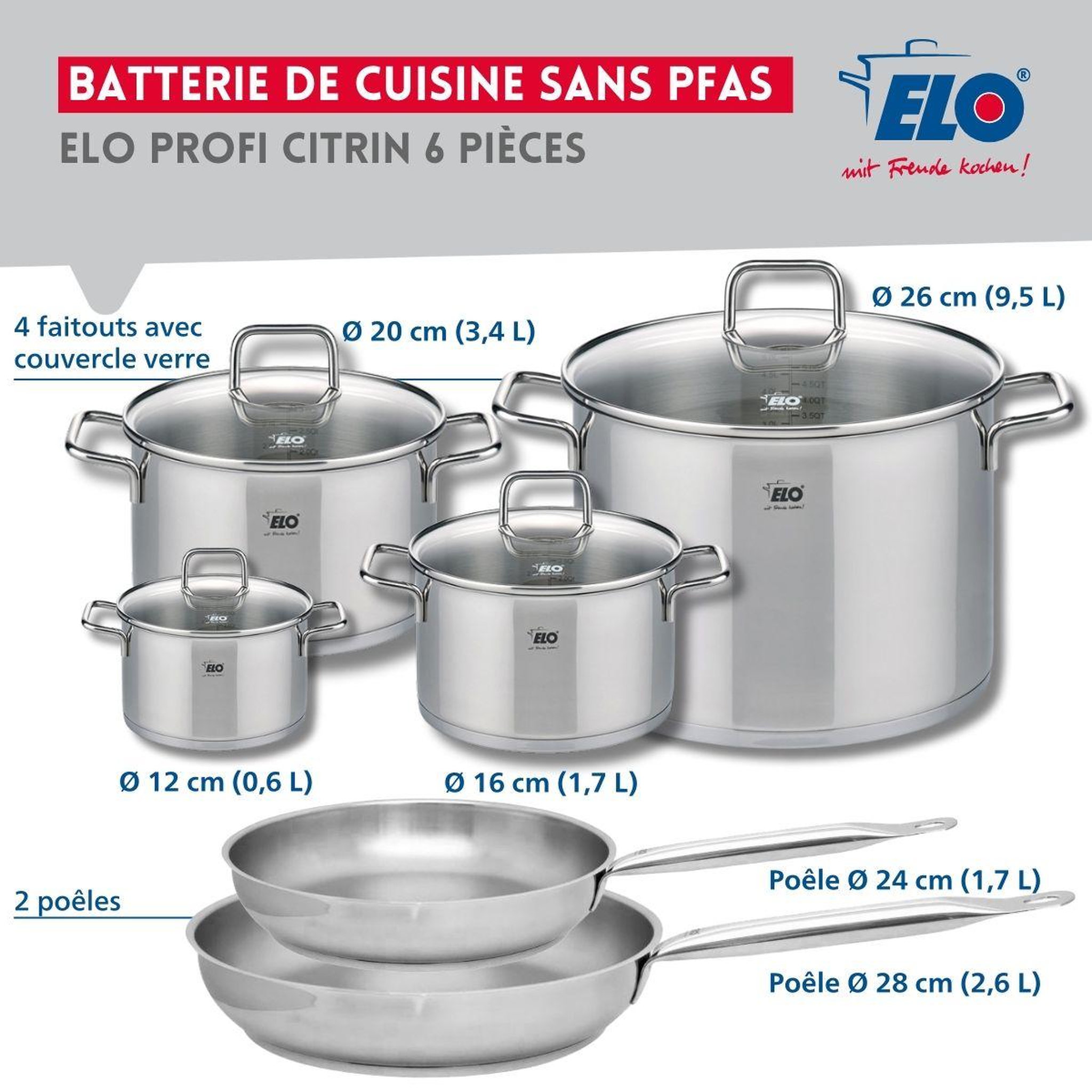 Voir la diapositive 2 : ELO Ensemble de 2 poêles de cuisson 24 et 28 cm et 4 faitouts 12, 16, 20 et 26 cm elo profi citrin