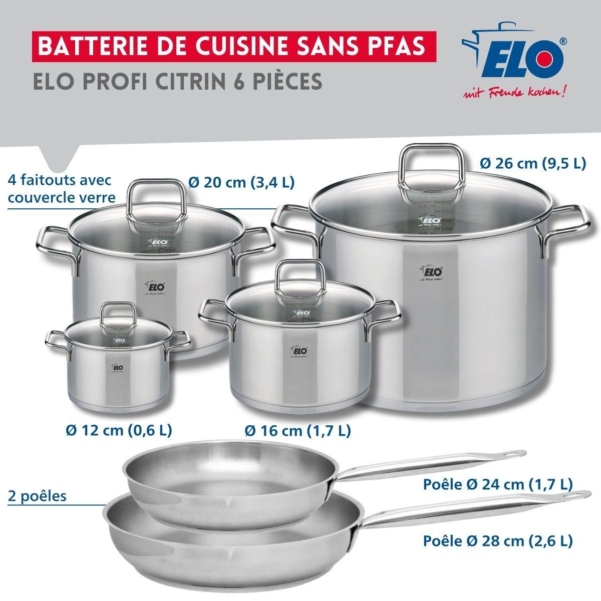 ELO Ensemble de 2 Poêles de cuisson 24 et 28 cm et 4 faitouts 12, 16, 20 et 26 cm Elo Profi Citrin