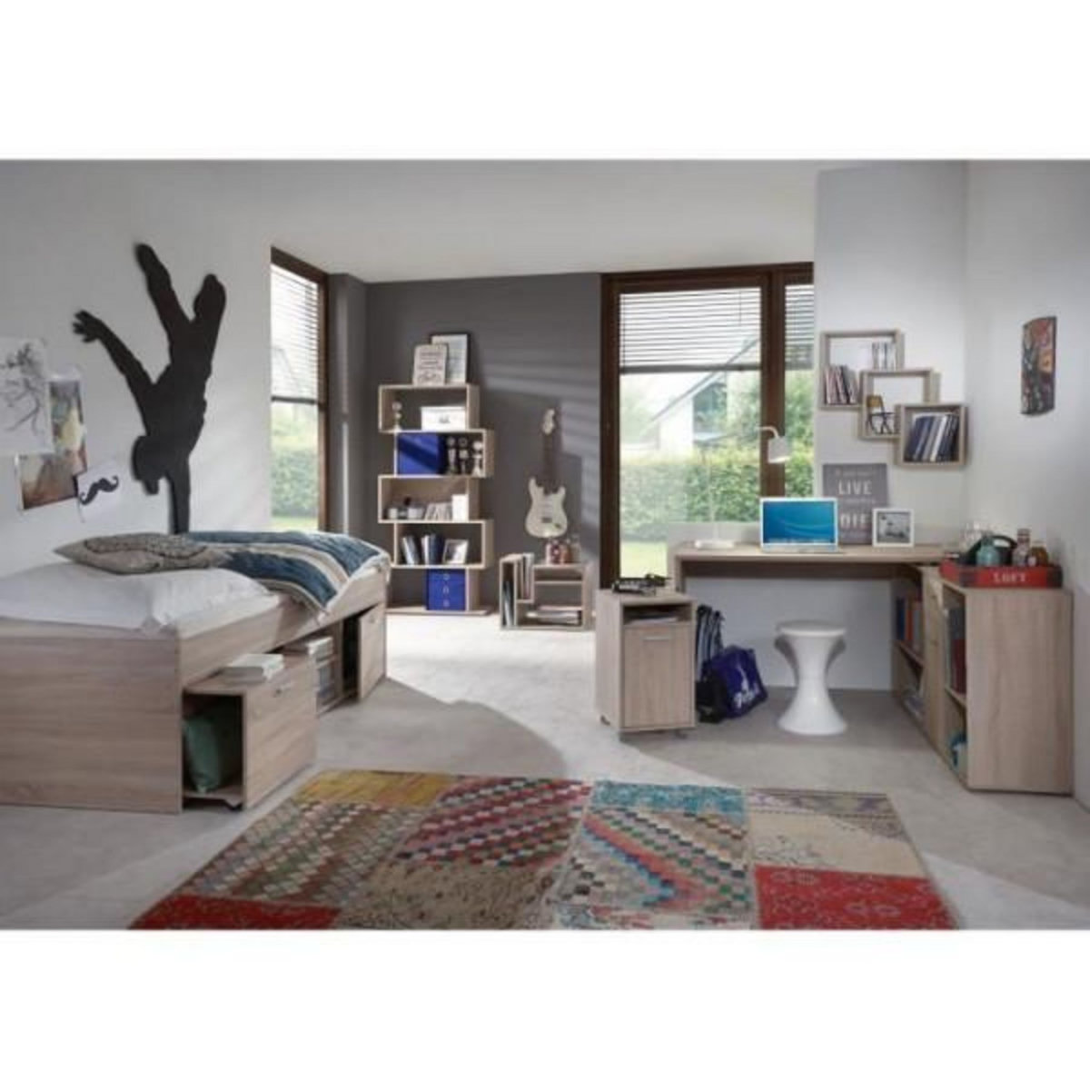 MARKET24 Lit combiné enfant CARLO - Mélamine chene - 90 x 200 cm