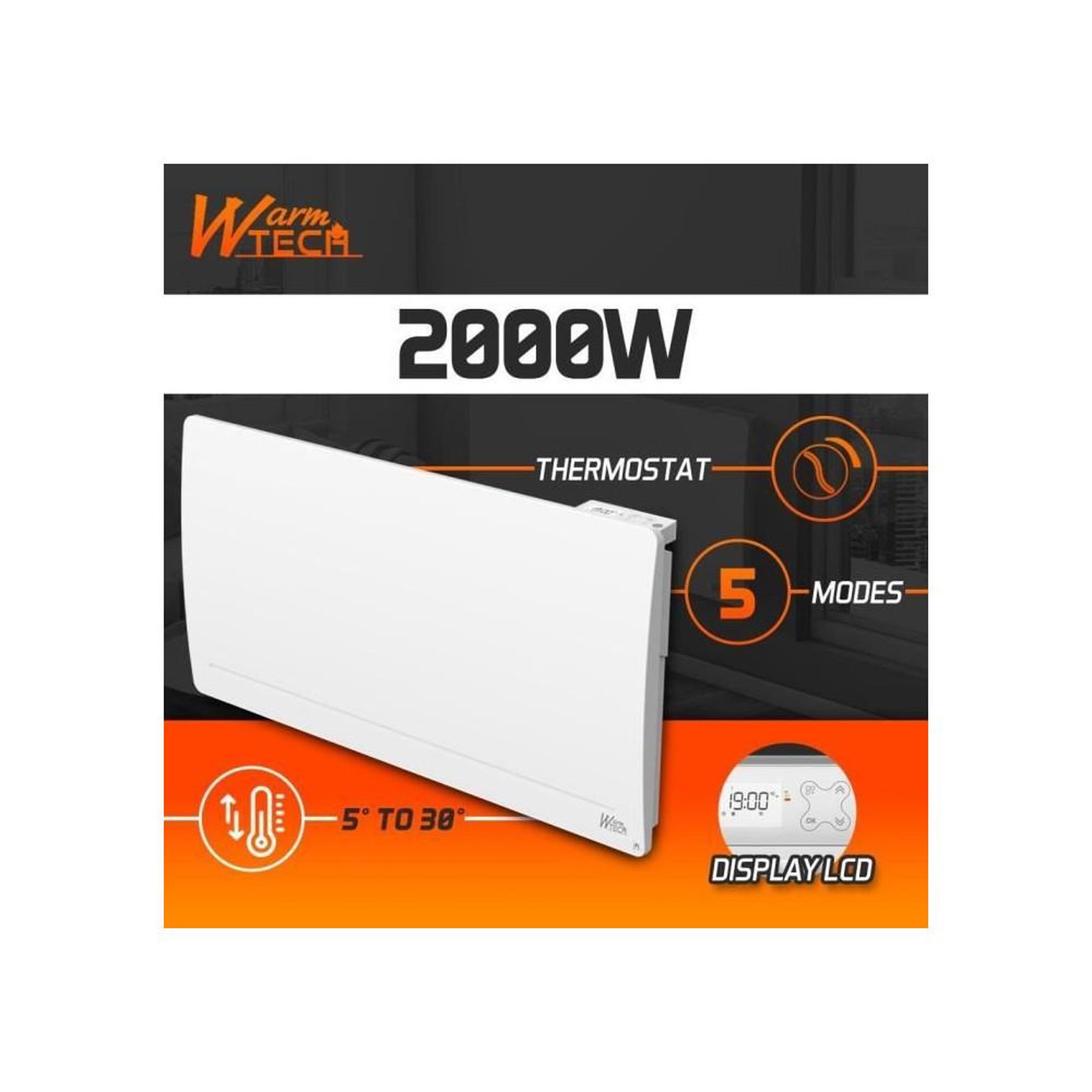 Voir la diapositive 2 : Warmtech Radiateur électrique à inertie fonte horizontal 2000 W thermostat LCD Fil pilote 6 modes IP24, blanc