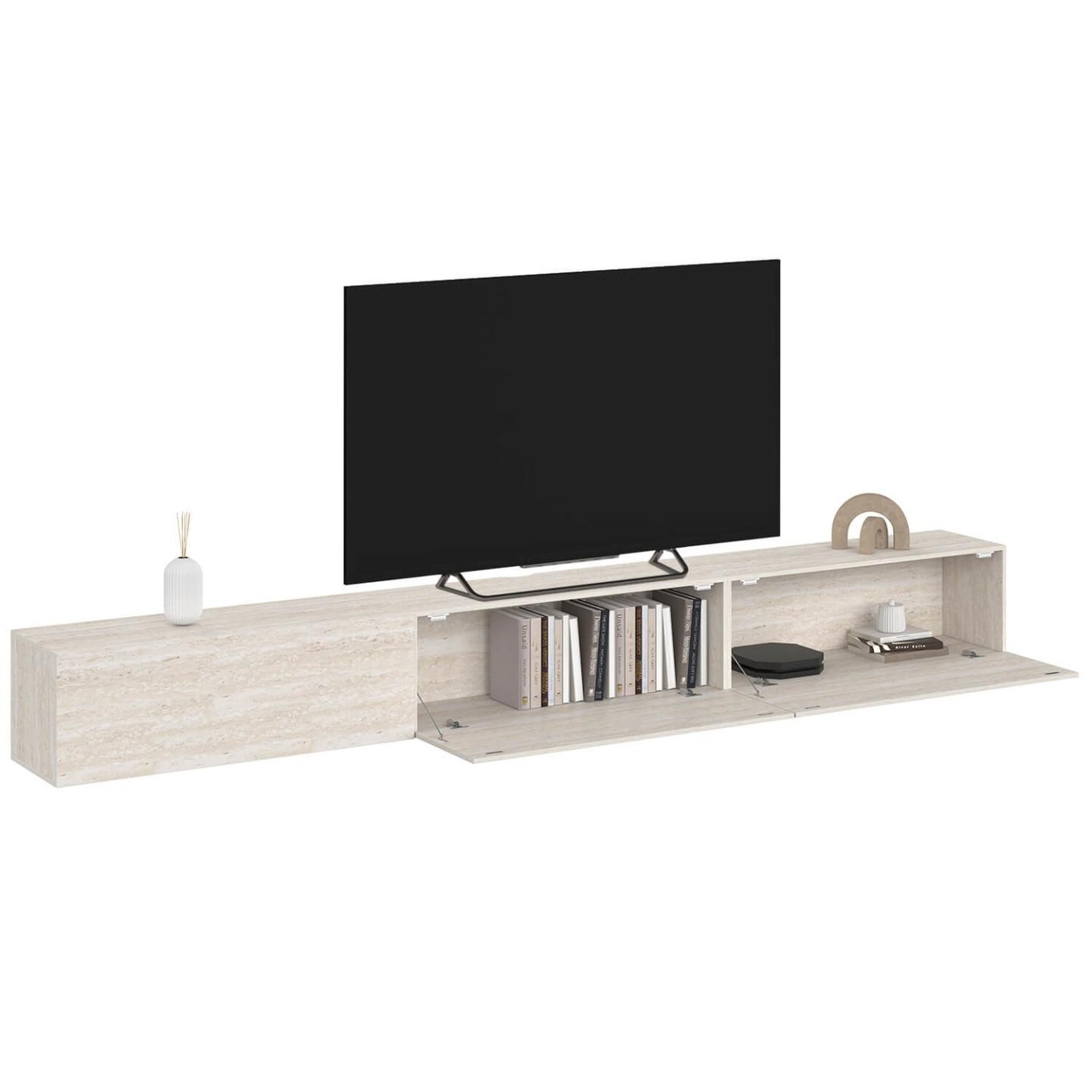 Voir la diapositive 4 : ID MARKET Meuble tv 270 cm suspendu elio 3 portes effet travertin
