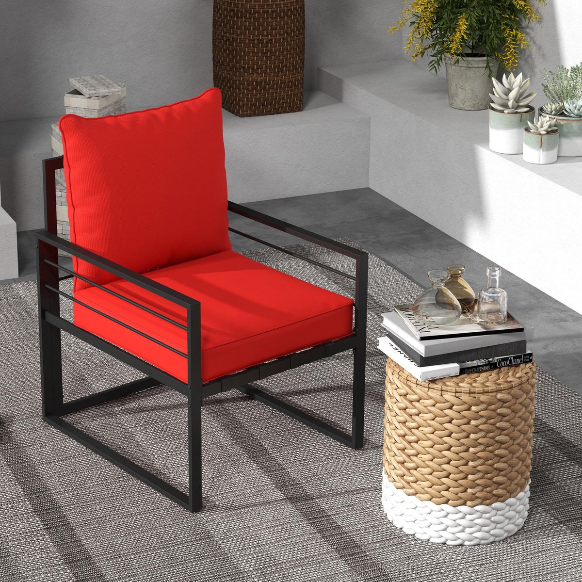 OUTSUNNY Lot de 2 coussins matelas assise dossier pour chaise de jardin fauteuil polyester rouge