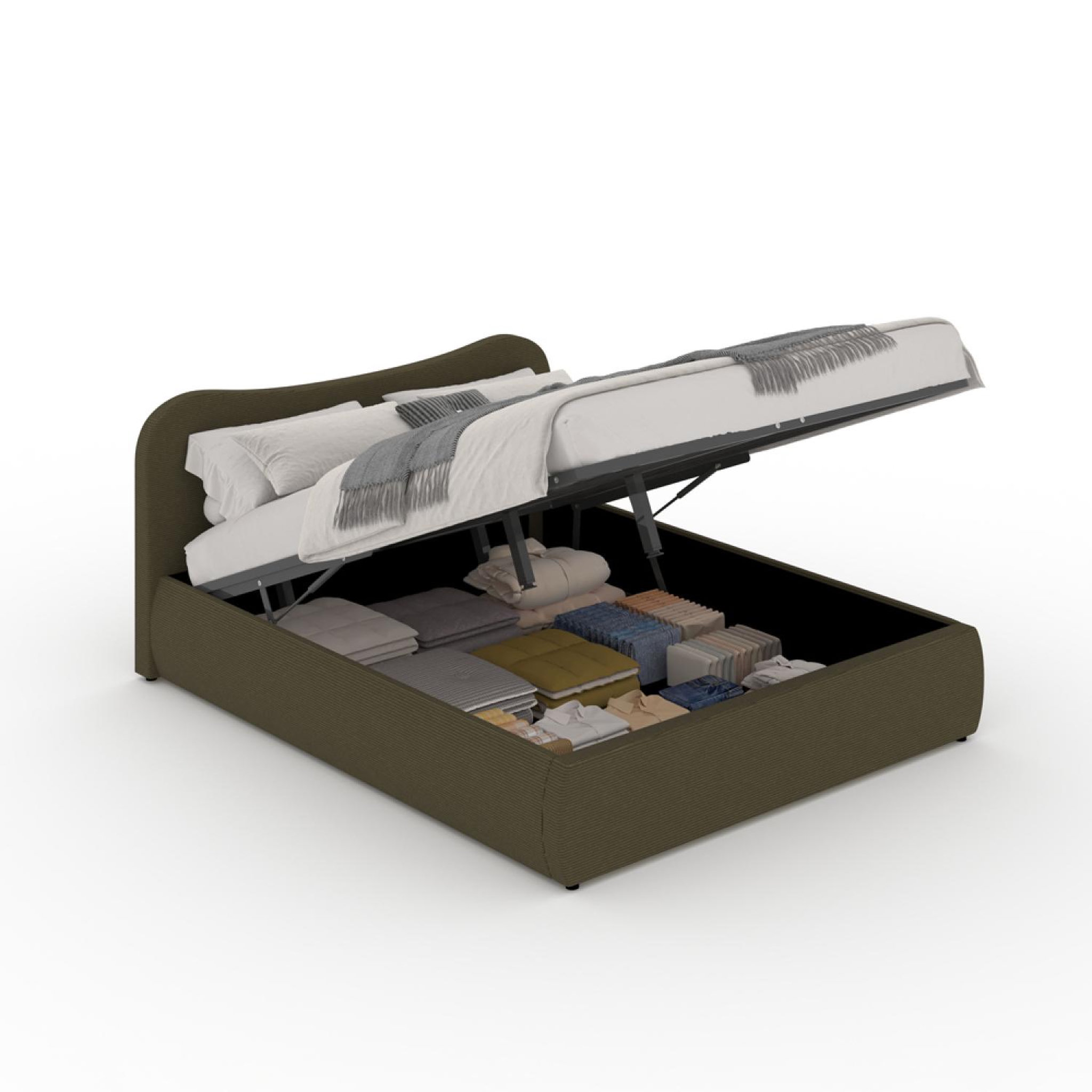 CONCEPT USINE Lit coffre 140x190cm design arrondi velours côtelé vert plano