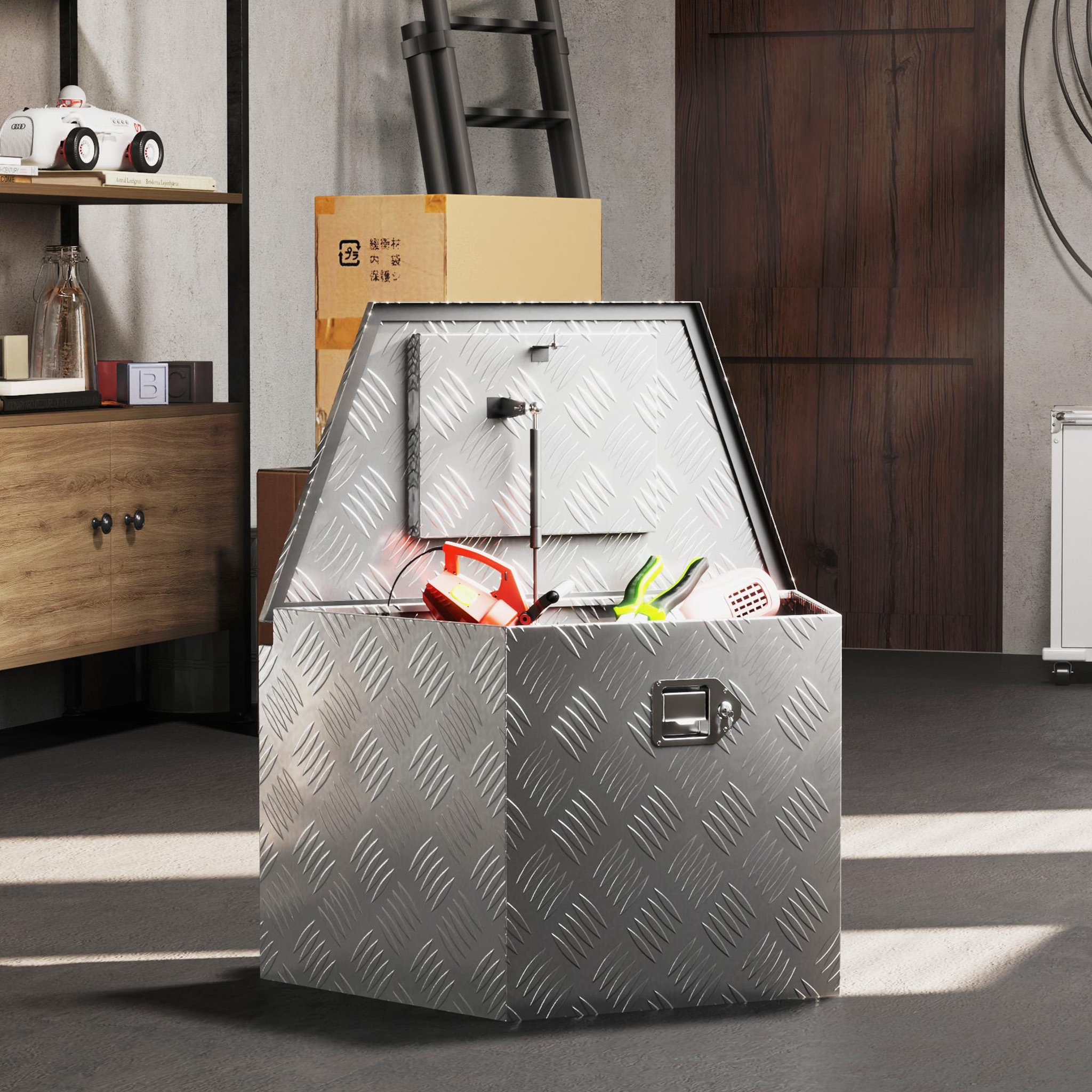 Voir la diapositive 2 : HOMCOM Boîte à outils en aluminium - caisse à outil alu. verrouillage clé vérin - 73 x 41 x 46 cm