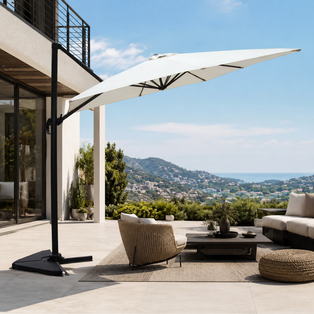 CONCEPT USINE Ensemble parasol écru 3x4m et 4 dalles à lester CESARE