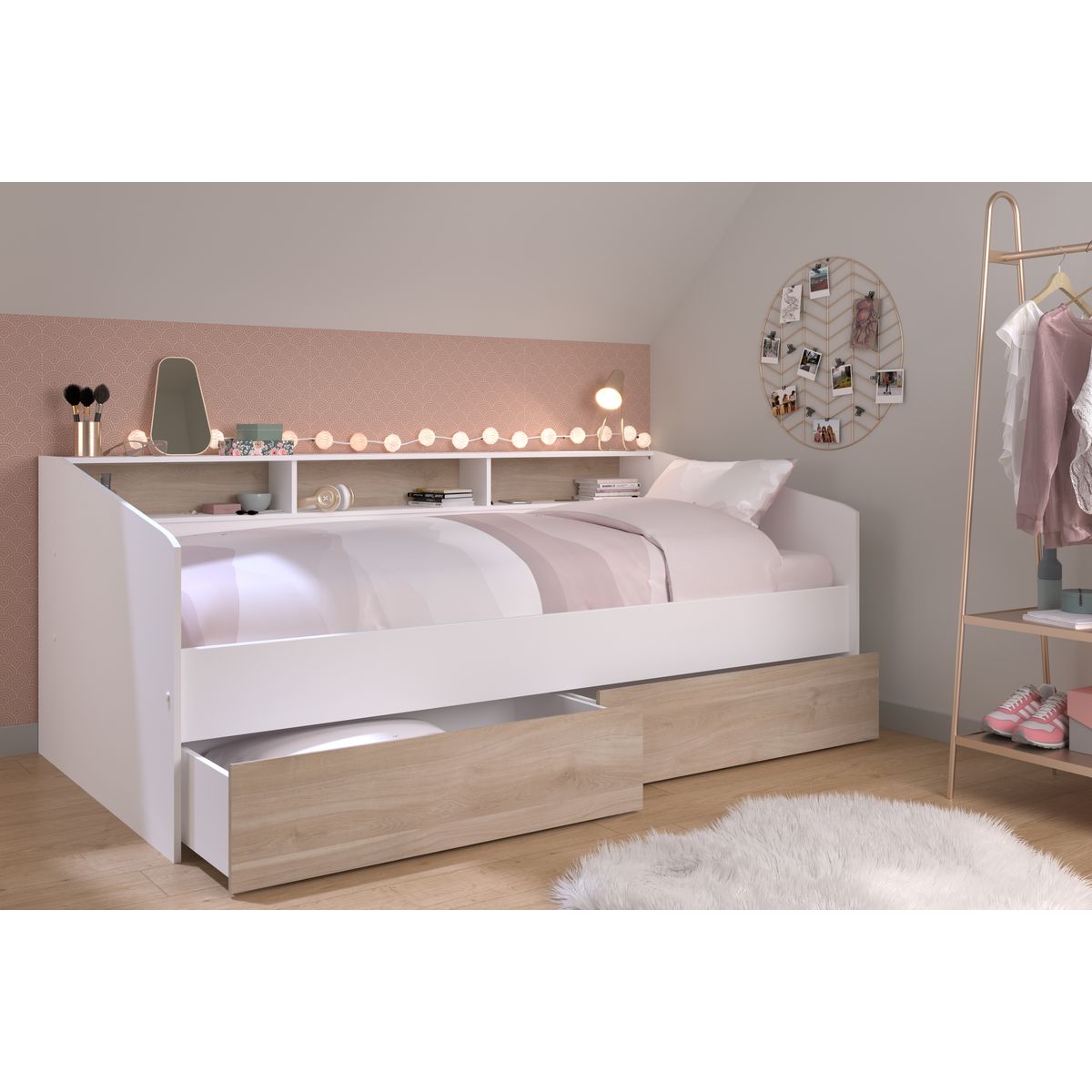 Lit banquette 90x190/200cm avec fonds de niche réversibles Blanc / Chêne NIGHT