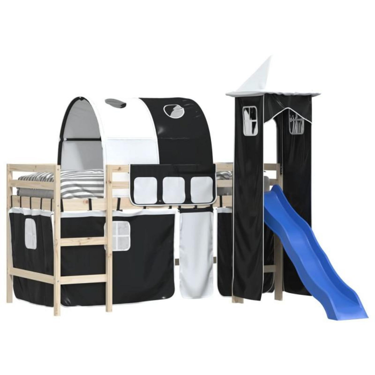 VIDAXL Rideaux pour lit mezzanine avec tunnel et tour blanc et noir