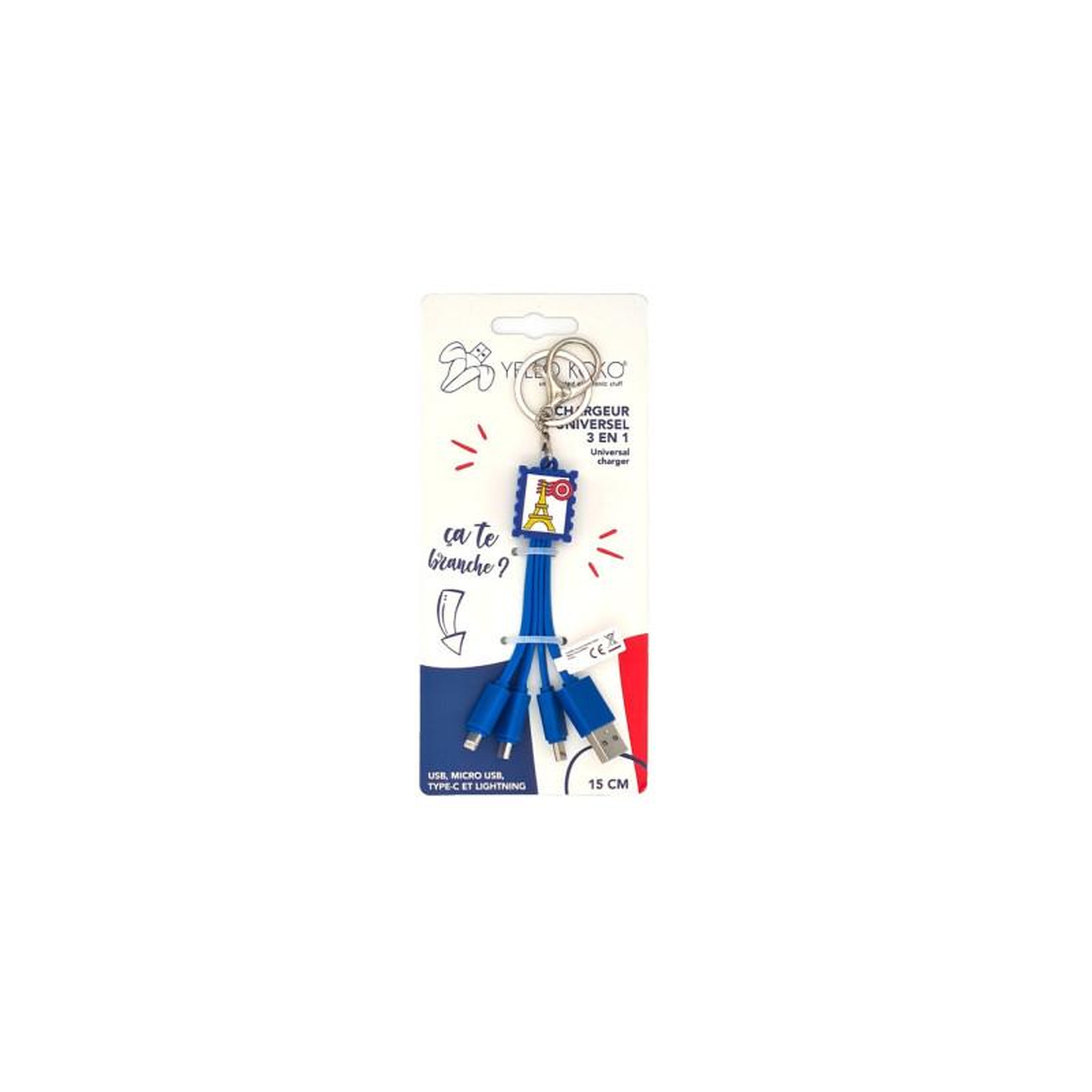 YELLO KOKO Câble téléphone portable Yello Koko Andy USBA USBC Micro Light 15cm Timbre Bleu