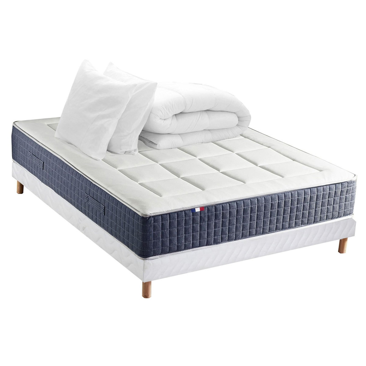 IDLITERIE Ensemble Matelas Ressort 7 zones + Mémoire de forme + Sommier KING STYLE + couette + oreillers - Fabriqué en France
