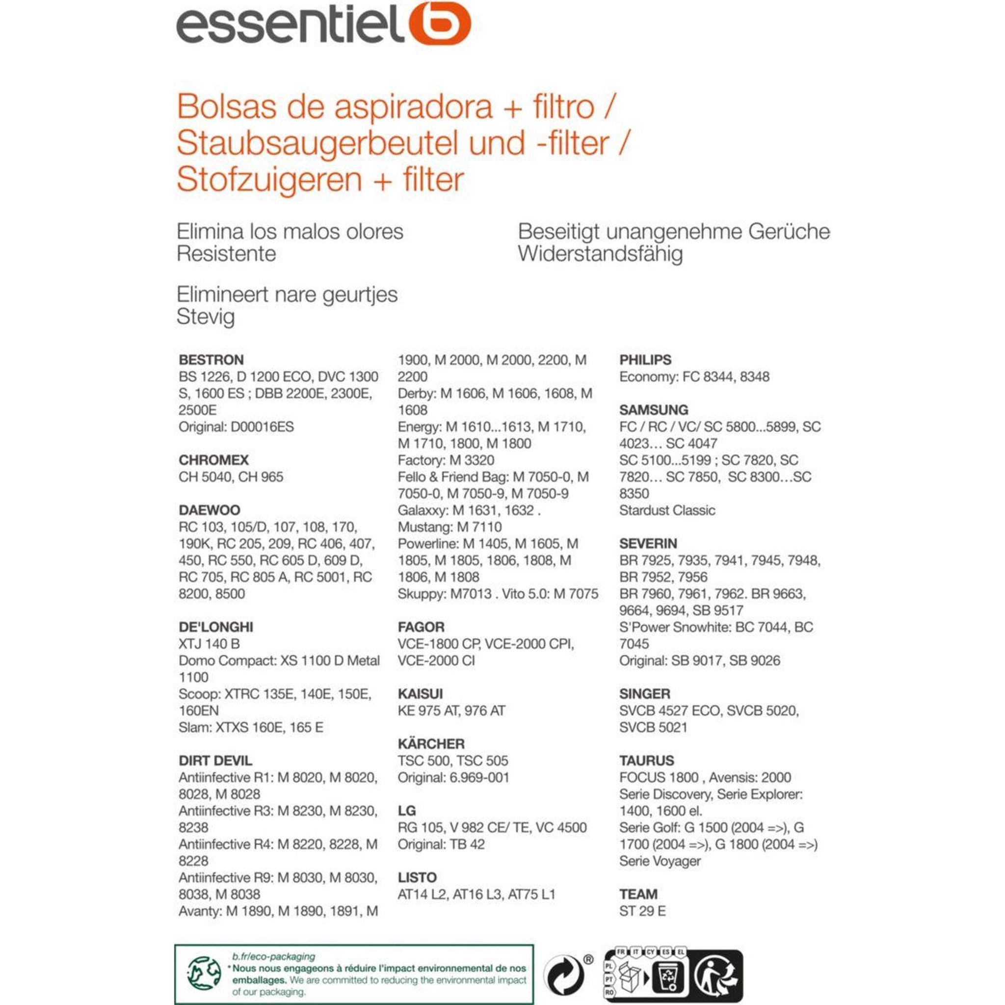 Voir la diapositive 2 : ESSENTIEL B Sac aspirateur eb4000