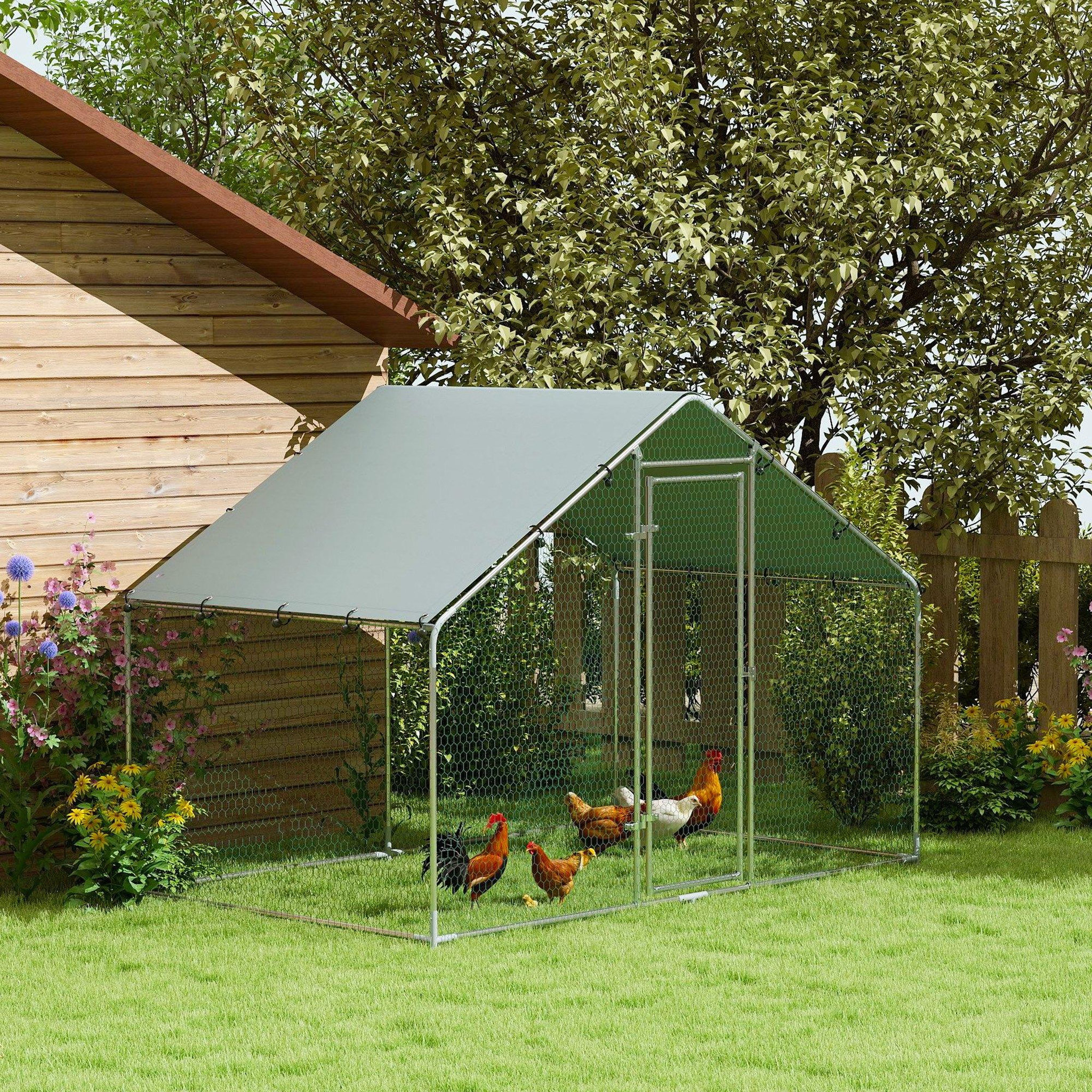 Voir la diapositive 2 : PAWHUT Enclos poulailler chenil 5,1 m² couvert - parc grillagé dim. 3L x 1,7l x 1,9H m - porte - acier galvanisé oxford gris
