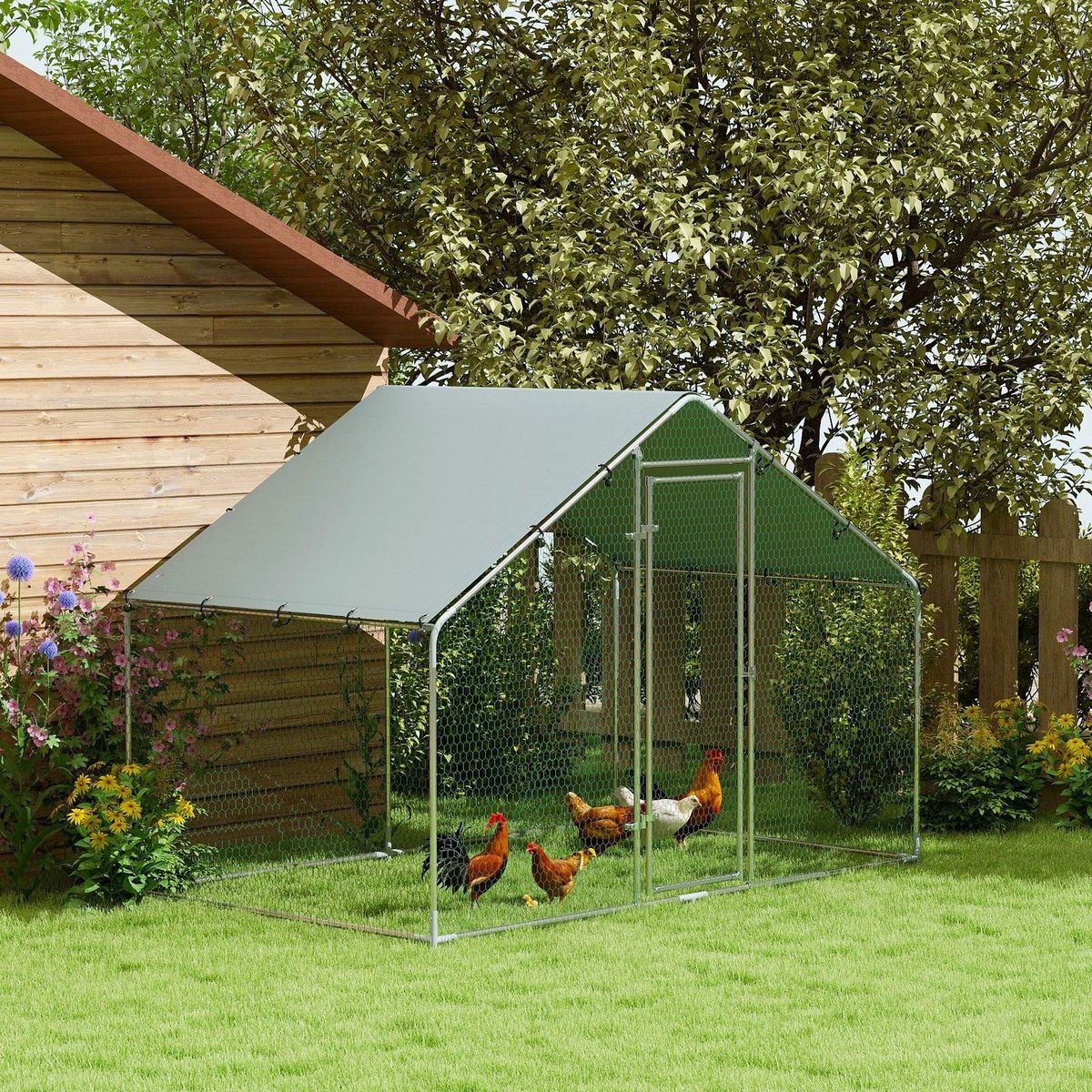 PAWHUT Enclos poulailler chenil 5,1 m² couvert - parc grillagé dim. 3L x 1,7l x 1,9H m - porte - acier galvanisé oxford gris