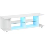 homcom meuble banc tv sur pieds avec lumières led - 2 étagères en verre trempé pour télévision jusqu'à 60 pouces style contemporain - 145 x 40 x 45 cm blanc