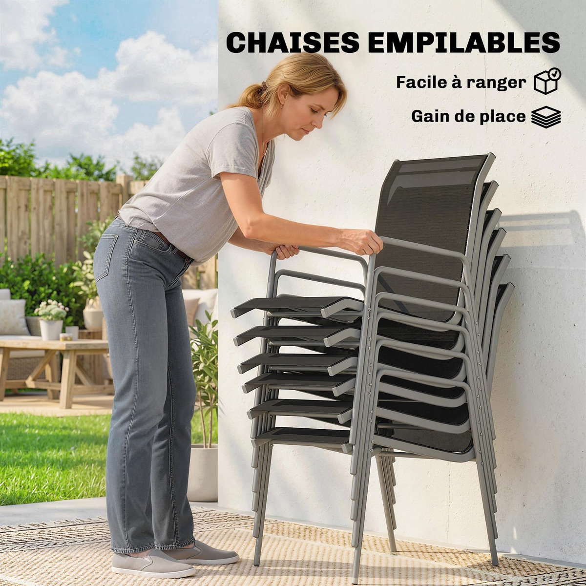 OUTSUNNY Salon de jardin 6 places 7 pièces chaises empilables métal gris