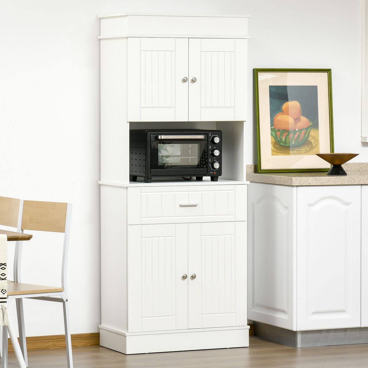 HOMCOM HOMCOM Armoire de cuisine contemporaine multi-rangement 4 portes tiroir coulissant et grand plateau dim. 74L x 39l x 183H cm panneaux particules MDF blanc