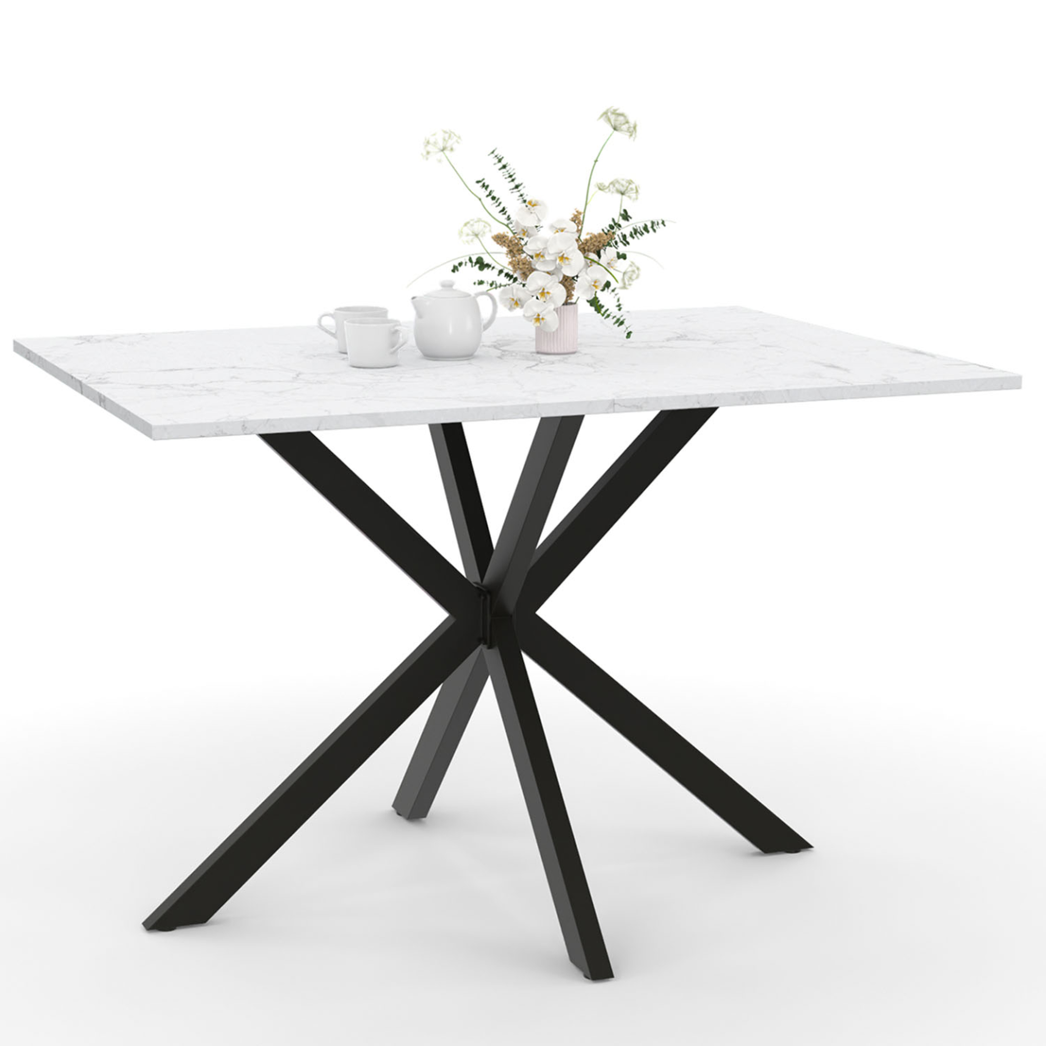 ID MARKET Table à manger rectangle alix 6 personnes pied araignée noir et plateau effet marbre blanc alaska 110 cm