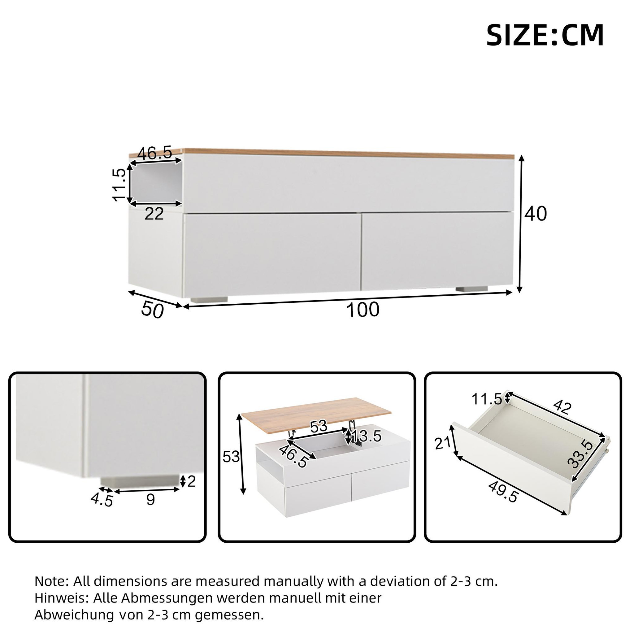Voir la diapositive 3 : MERAX Table basse relevable rectangulaire blanc+naturel - 50x100 cm panneau de particules