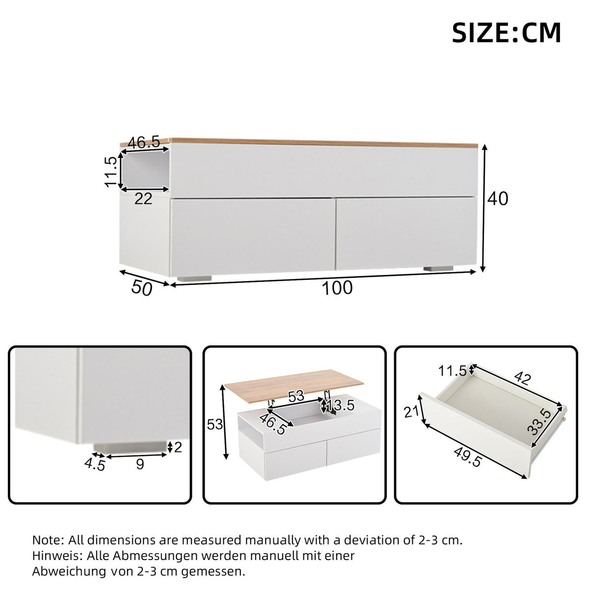 MERAX Table basse relevable rectangulaire blanc+naturel - 50x100 cm panneau de particules
